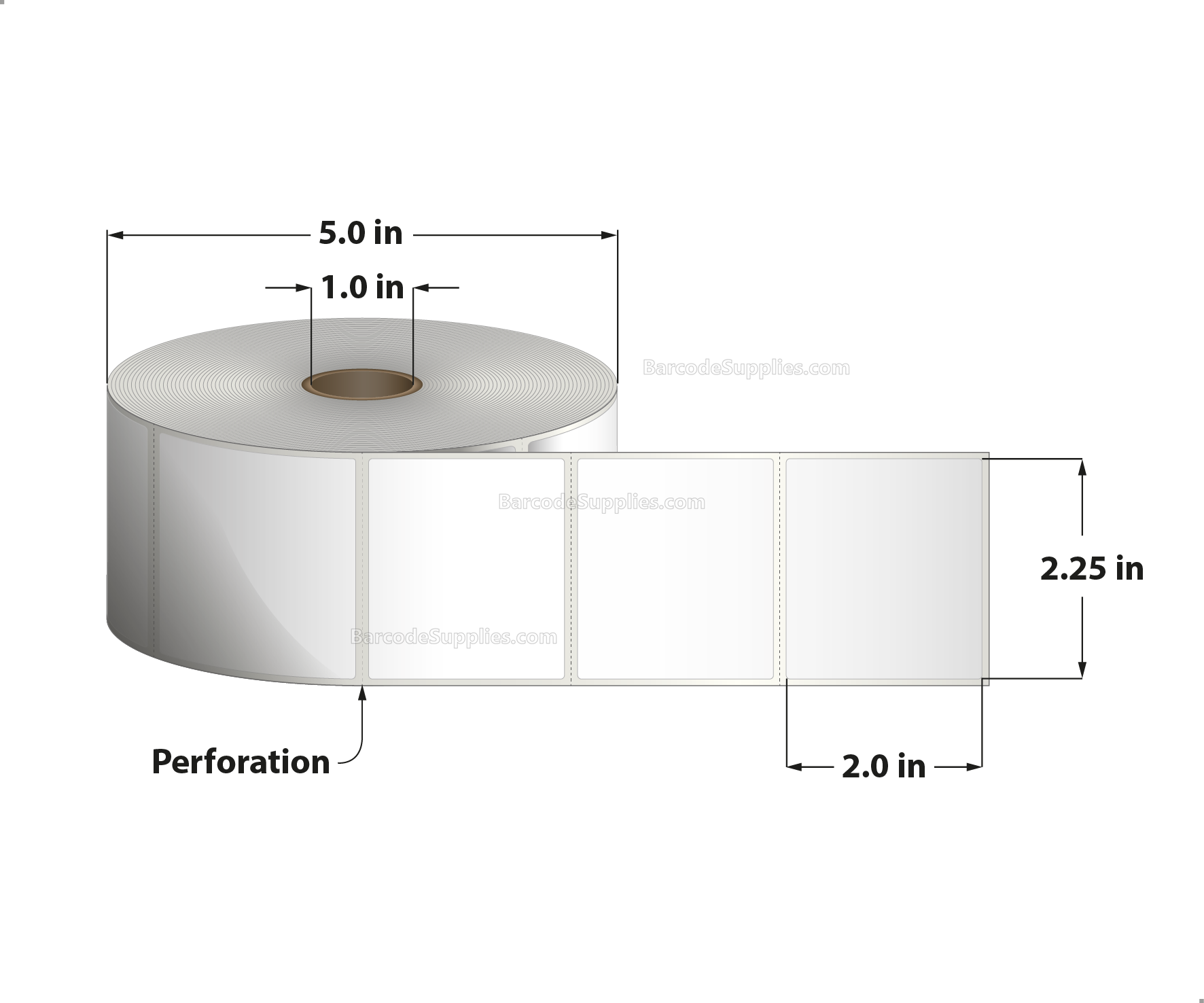2.25 x 2 Direct Thermal White Labels With Permanent Acrylic Adhesive - Perforated - 1370 Labels Per Roll - Carton Of 4 Rolls - 5480 Labels Total - MPN: DT2252-15PDT