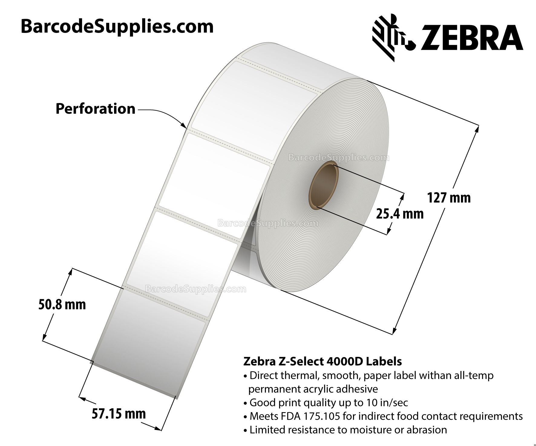 2.25 x 2 Direct Thermal White Z-Select 4000D Labels With Permanent Adhesive - Perforated - 1370 Labels Per Roll - Carton Of 12 Rolls - 16440 Labels Total - MPN: 10015342
