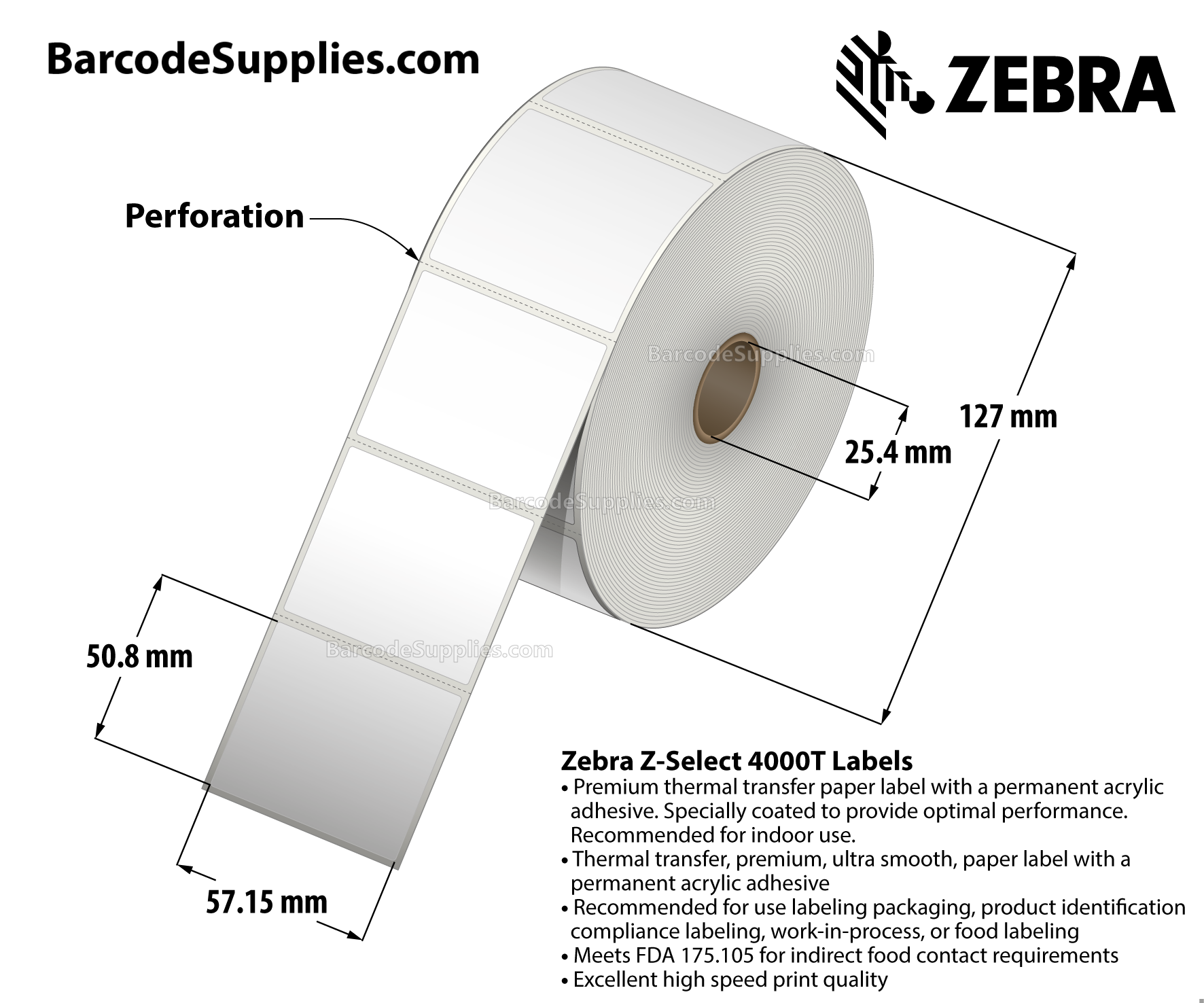 2.25 x 2 Thermal Transfer White Z-Select 4000T Labels With Permanent Adhesive - Perforated - 1370 Labels Per Roll - Carton Of 6 Rolls - 8220 Labels Total - MPN: 10009525