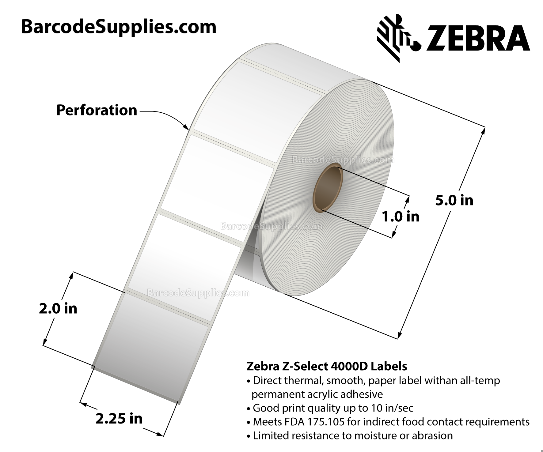 2.25 x 2 Direct Thermal White Z-Select 4000D Labels With Permanent Adhesive - Perforated - 1370 Labels Per Roll - Carton Of 12 Rolls - 16440 Labels Total - MPN: 10015342