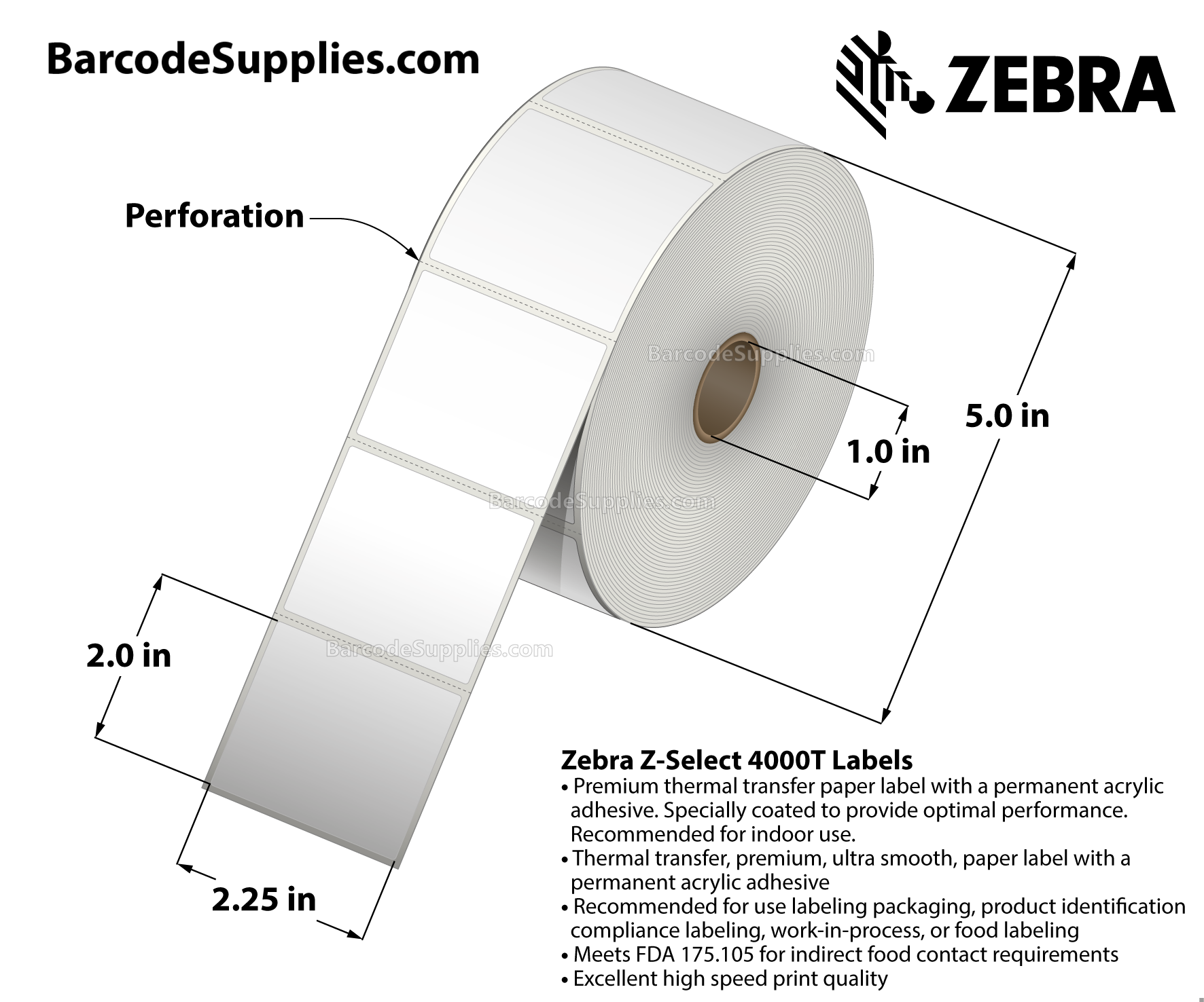 2.25 x 2 Thermal Transfer White Z-Select 4000T Labels With Permanent Adhesive - Perforated - 1370 Labels Per Roll - Carton Of 6 Rolls - 8220 Labels Total - MPN: 10009525