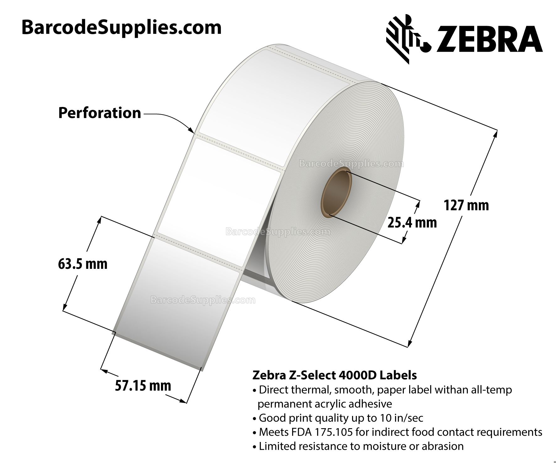 2.25 x 2.5 Direct Thermal White Z-Select 4000D Labels With All-Temp Adhesive - Perforated - 1000 Labels Per Roll - Carton Of 4 Rolls - 4000 Labels Total - MPN: 10010041