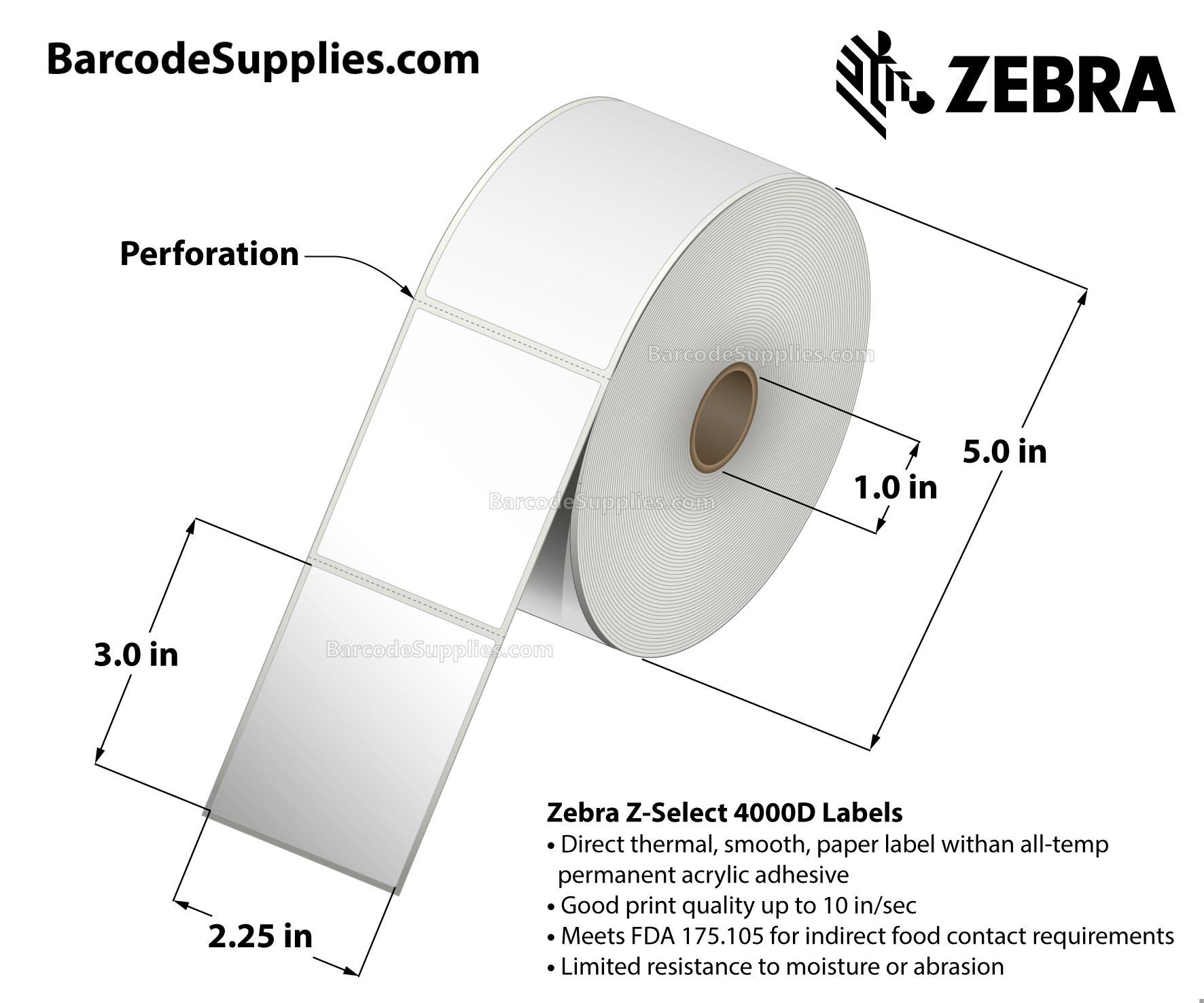 2.25 x 3 Direct Thermal White Z-Select 4000D Labels With All-Temp Adhesive - Perforated - 840 Labels Per Roll - Carton Of 6 Rolls - 5040 Labels Total - MPN: 10010042