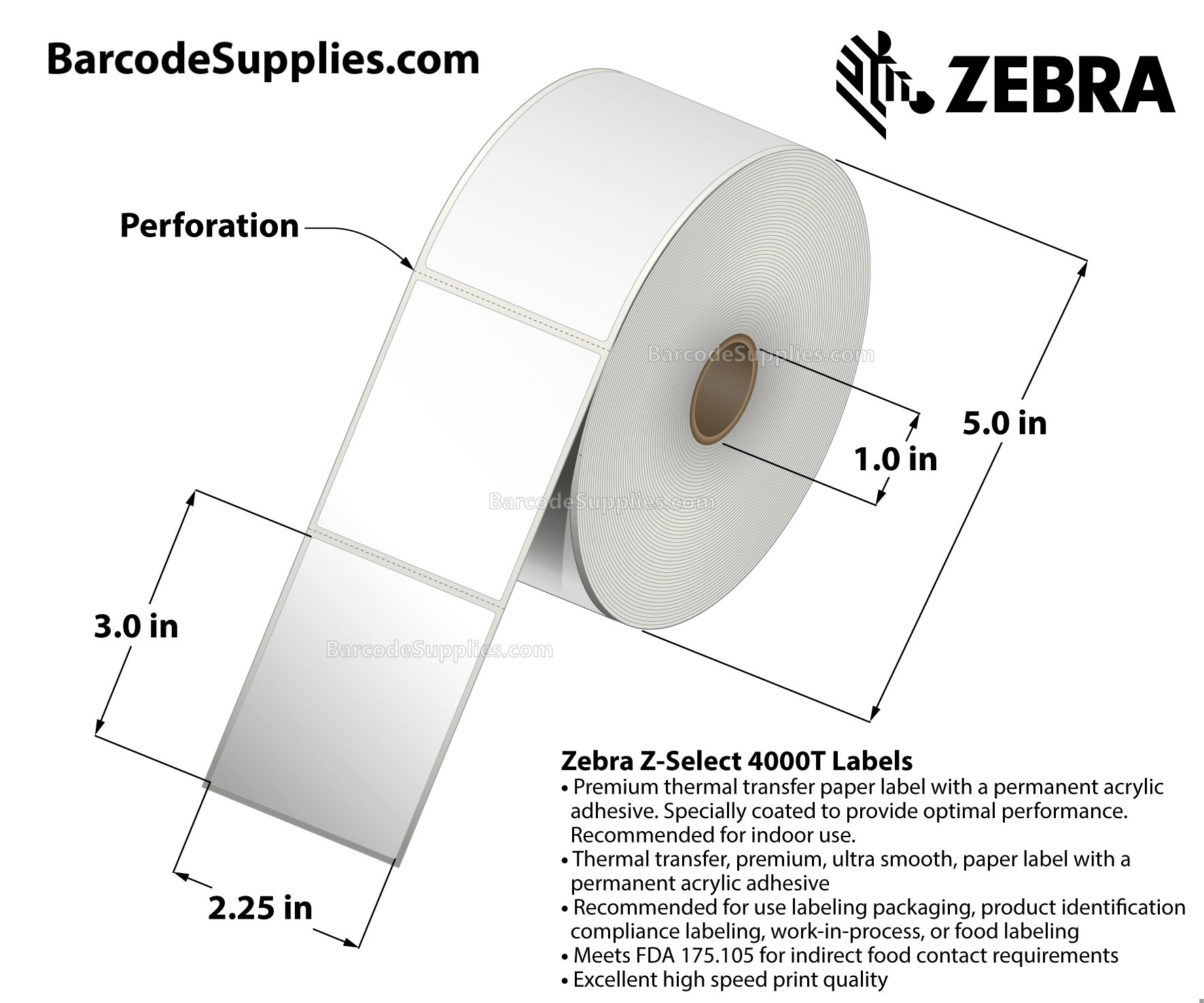 2.25 x 3 Thermal Transfer White Z-Select 4000T Labels With Permanent Adhesive - Perforated - 930 Labels Per Roll - Carton Of 6 Rolls - 5580 Labels Total - MPN: 10009526