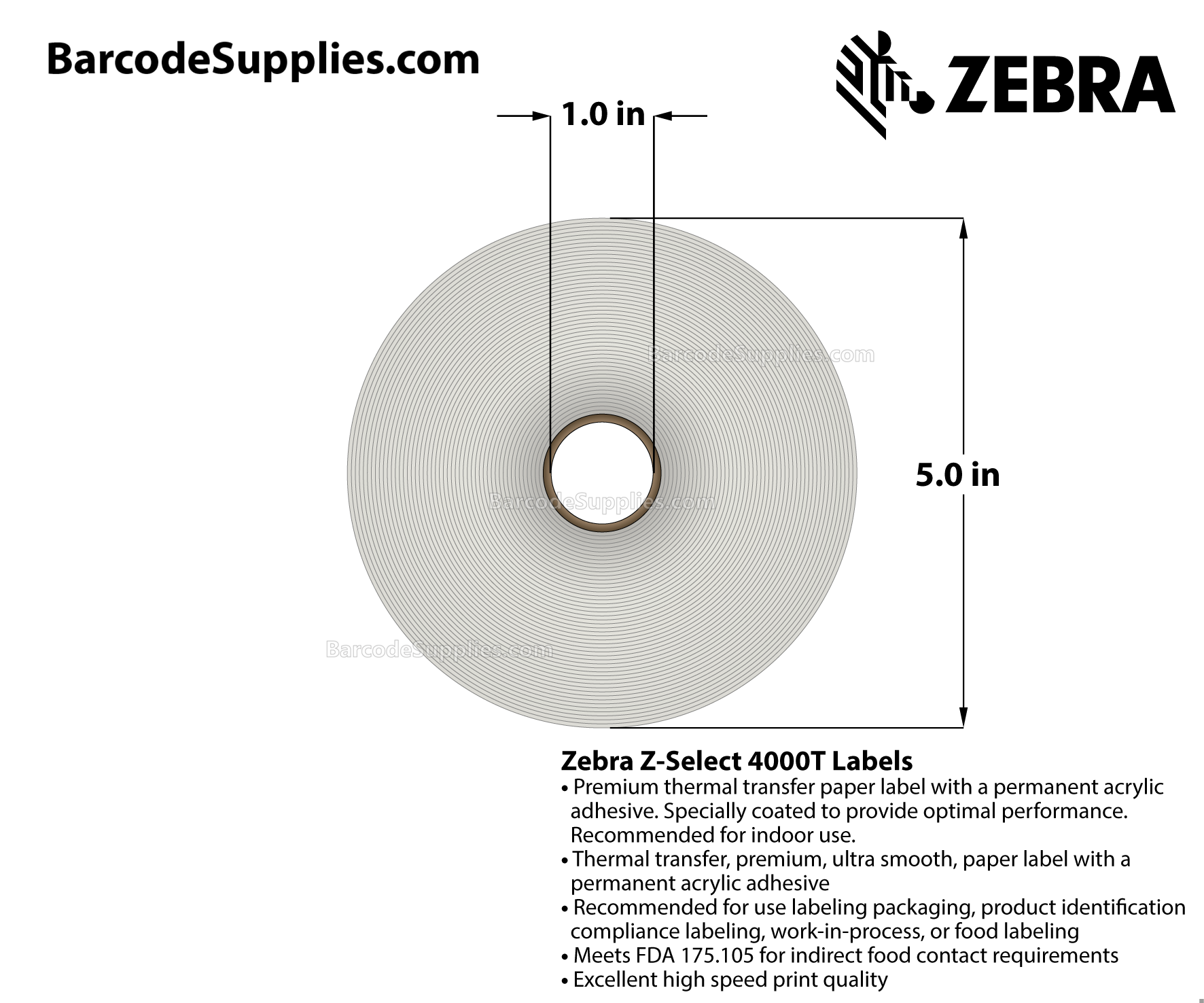 2.25 x 3 Thermal Transfer White Z-Select 4000T Labels With Permanent Adhesive - Perforated - 930 Labels Per Roll - Carton Of 6 Rolls - 5580 Labels Total - MPN: 10009526