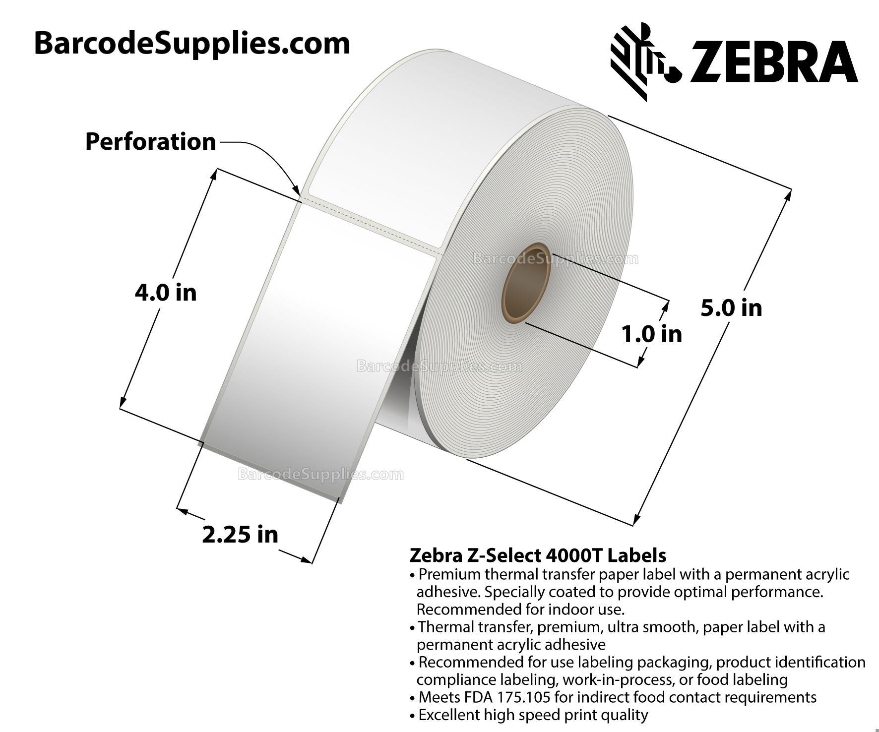 2.25 x 4 Thermal Transfer White Z-Select 4000T Labels With Permanent Adhesive - Perforated - 700 Labels Per Roll - Carton Of 6 Rolls - 4200 Labels Total - MPN: 10009527