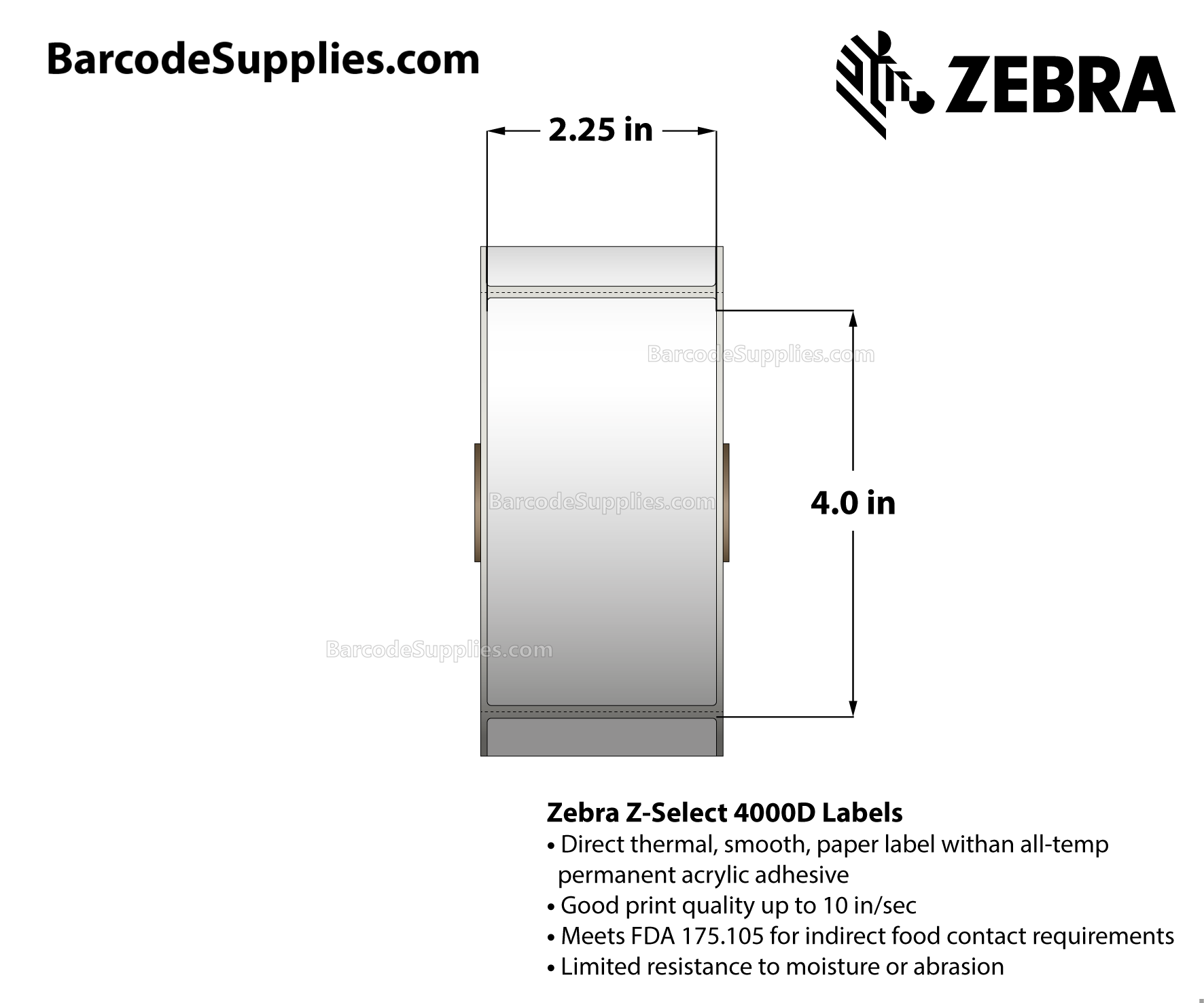 2.25 x 4 Direct Thermal White Z-Select 4000D Labels With Permanent Adhesive - Perforated - 700 Labels Per Roll - Carton Of 12 Rolls - 8400 Labels Total - MPN: 10015343