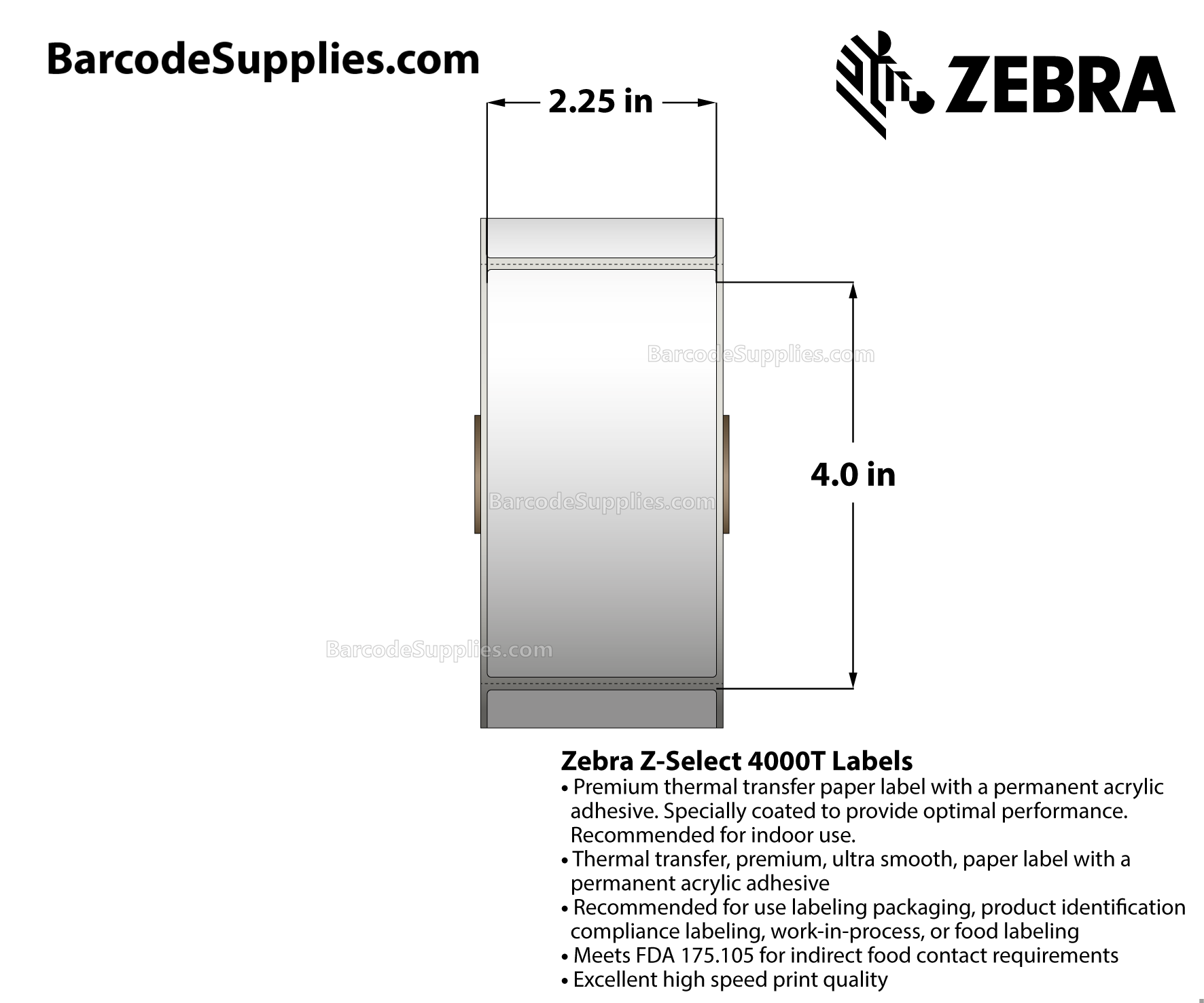2.25 x 4 Thermal Transfer White Z-Select 4000T Labels With Permanent Adhesive - Perforated - 700 Labels Per Roll - Carton Of 6 Rolls - 4200 Labels Total - MPN: 10009527