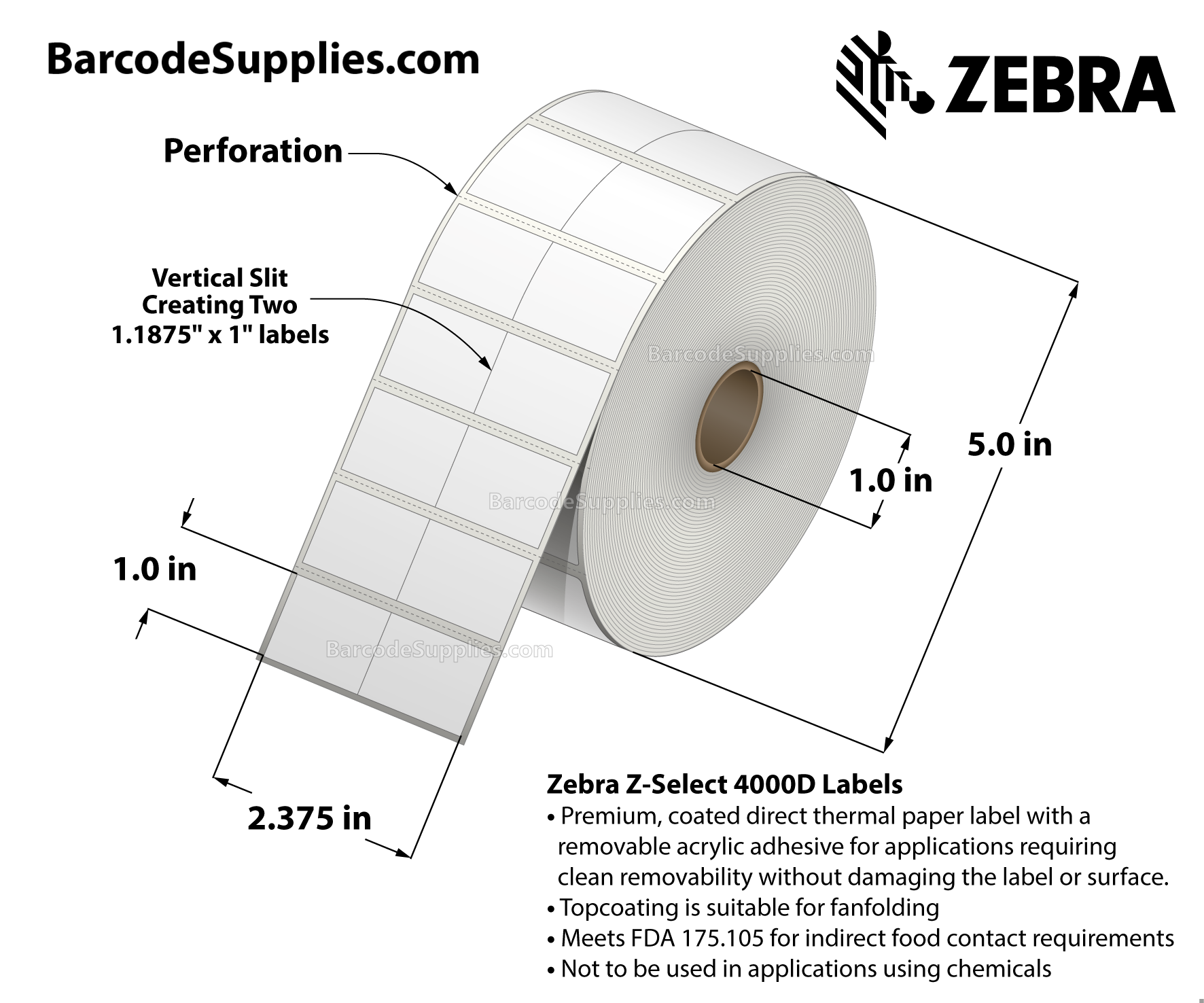 2.375 x 1 Direct Thermal White Z-Select 4000D Labels With All-Temp Adhesive - Center vertical slit creating two 1.1875" x 1" labels - Perforated - 2340 Labels Per Roll - Carton Of 6 Rolls - 14040 Labels Total - MPN: 10010050