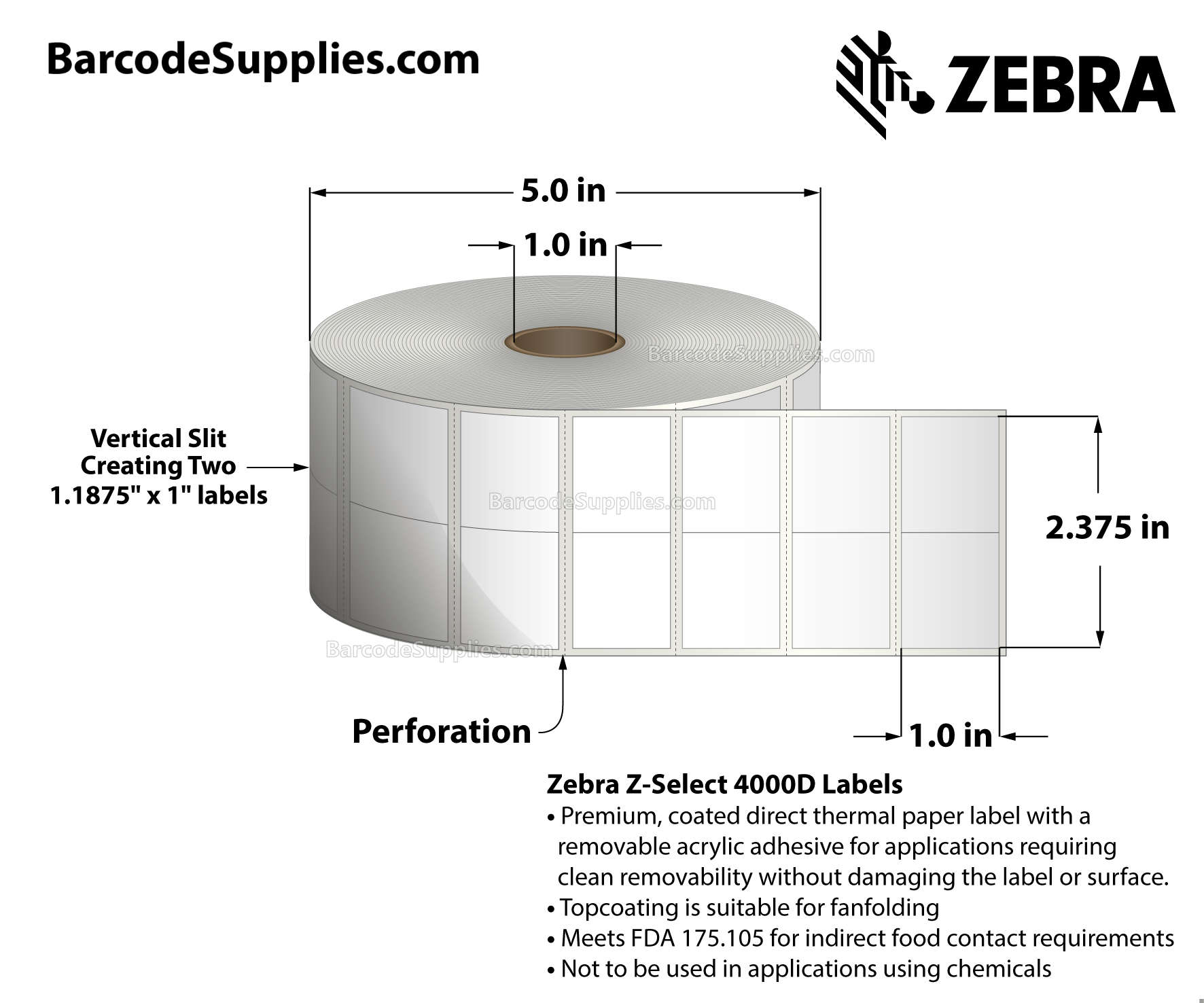 2.375 x 1 Direct Thermal White Z-Select 4000D Labels With All-Temp Adhesive - Center vertical slit creating two 1.1875" x 1" labels - Perforated - 2340 Labels Per Roll - Carton Of 6 Rolls - 14040 Labels Total - MPN: 10010050