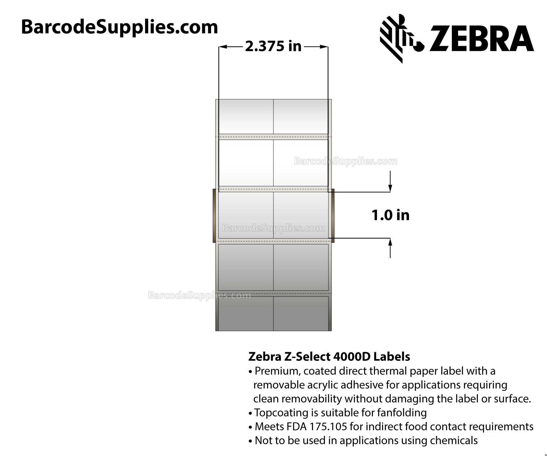 2.375 x 1 Direct Thermal White Z-Select 4000D Labels With All-Temp Adhesive - Center vertical slit creating two 1.1875" x 1" labels - Perforated - 2340 Labels Per Roll - Carton Of 6 Rolls - 14040 Labels Total - MPN: 10010050