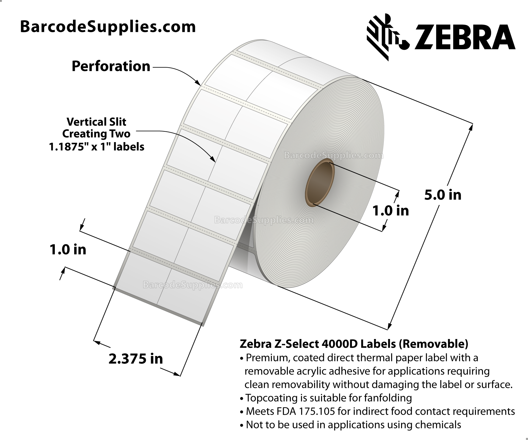 2.375 x 1 Direct Thermal White Z-Select 4000D Removable Labels With Removable Adhesive - Center vertical slit creating two 1.1875" x 1" labels - Perforated - 2260 Labels Per Roll - Carton Of 6 Rolls - 13560 Labels Total - MPN: 10010052