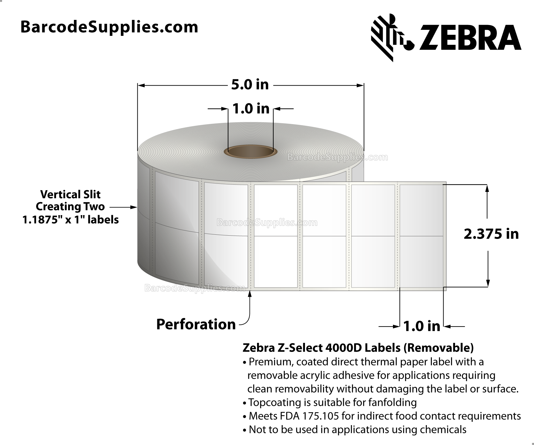 2.375 x 1 Direct Thermal White Z-Select 4000D Removable Labels With Removable Adhesive - Center vertical slit creating two 1.1875" x 1" labels - Perforated - 2260 Labels Per Roll - Carton Of 6 Rolls - 13560 Labels Total - MPN: 10010052