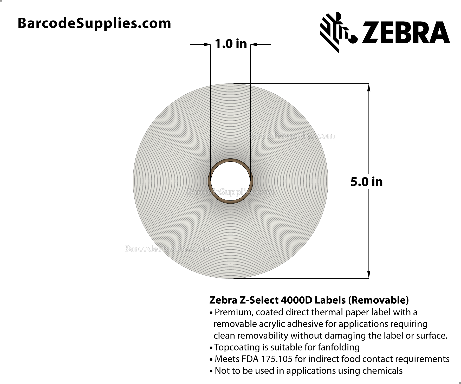 2.375 x 1 Direct Thermal White Z-Select 4000D Removable Labels With Removable Adhesive - Center vertical slit creating two 1.1875" x 1" labels - Perforated - 2260 Labels Per Roll - Carton Of 6 Rolls - 13560 Labels Total - MPN: 10010052