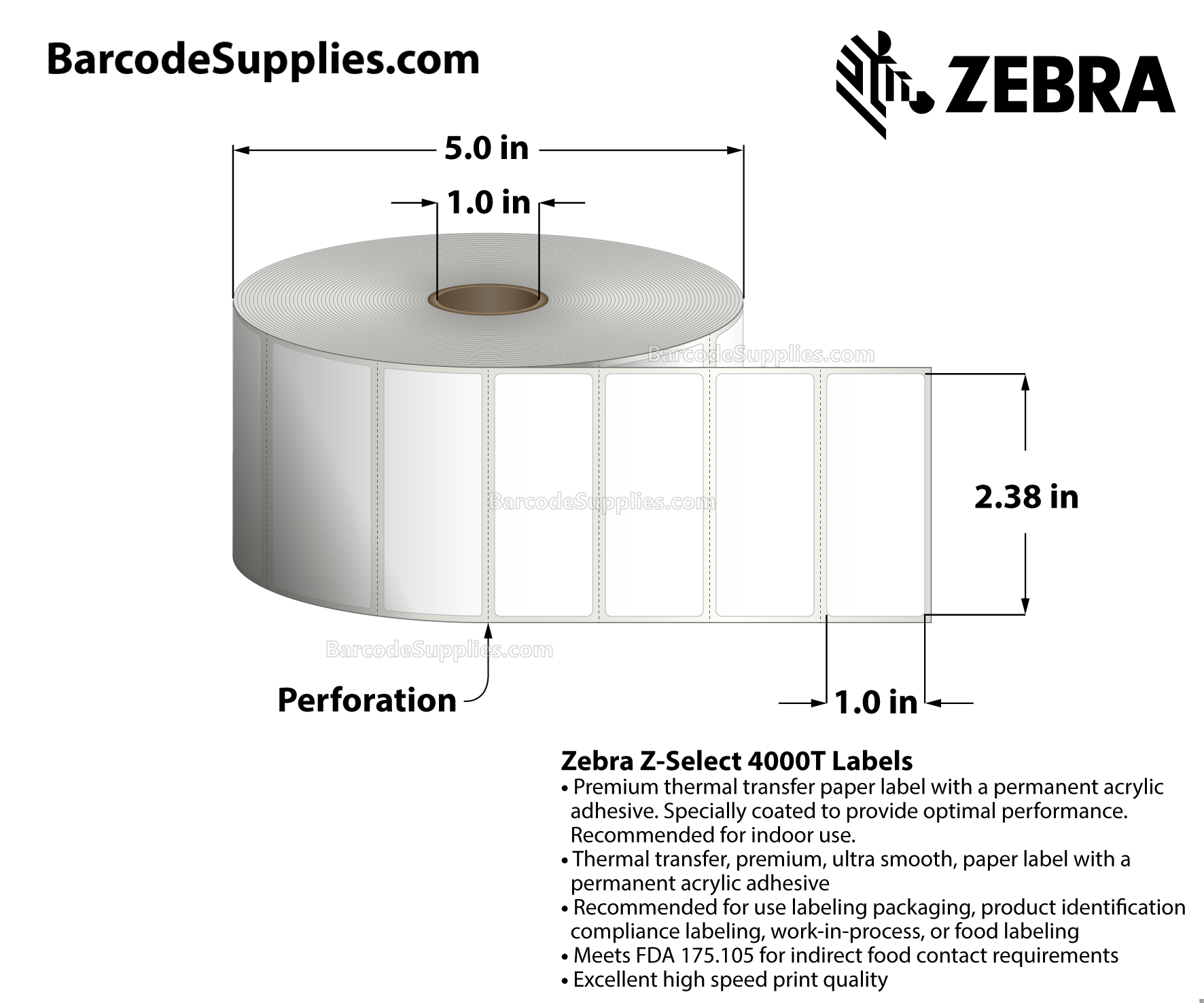 2.38 x 1 Thermal Transfer White Z-Select 4000T Labels With Permanent Adhesive - Labels have center vertical slit creating two 1.1875" x 1" labels - Perforated - 2580 Labels Per Roll - Carton Of 6 Rolls - 15480 Labels Total - MPN: 10005848