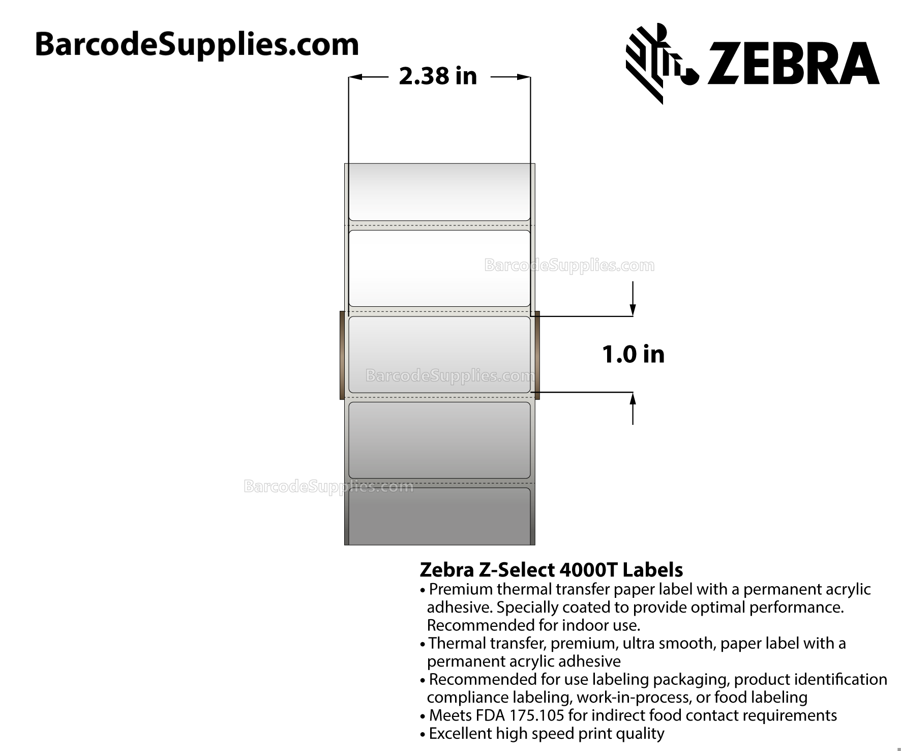 2.38 x 1 Thermal Transfer White Z-Select 4000T Labels With Permanent Adhesive - Labels have center vertical slit creating two 1.1875" x 1" labels - Perforated - 2580 Labels Per Roll - Carton Of 6 Rolls - 15480 Labels Total - MPN: 10005848