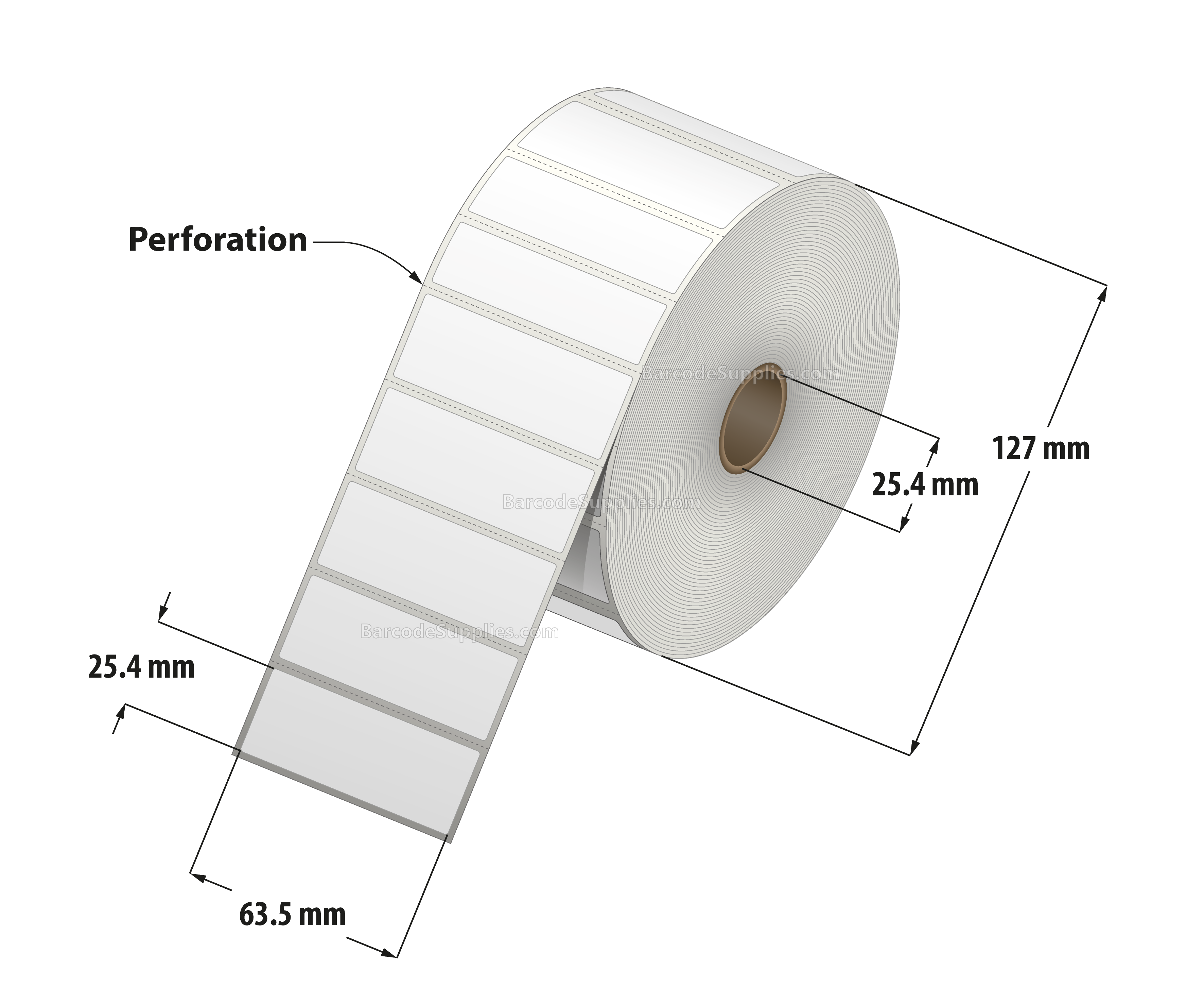 2.5 x 1 Thermal Transfer White Labels With Permanent Adhesive - Perforated - 2500 Labels Per Roll - Carton Of 12 Rolls - 30000 Labels Total - MPN: RT-25-1-2500-1 - BarcodeSource, Inc.