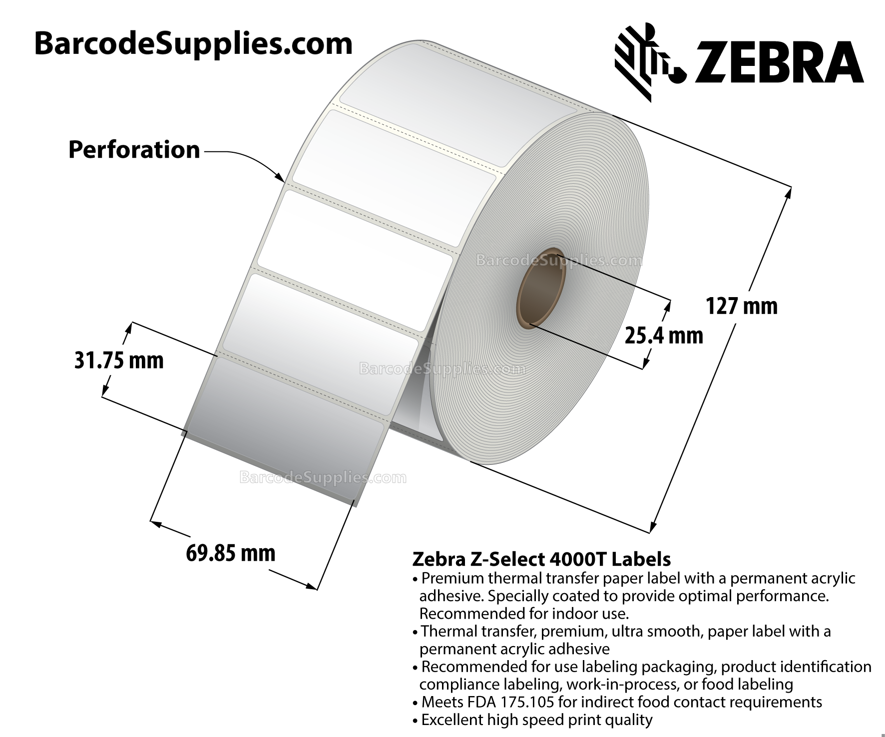 2.75 x 1.25 Thermal Transfer White Z-Select 4000T Labels With Permanent Adhesive - Perforated - 1850 Labels Per Roll - Carton Of 4 Rolls - 7400 Labels Total - MPN: 83260