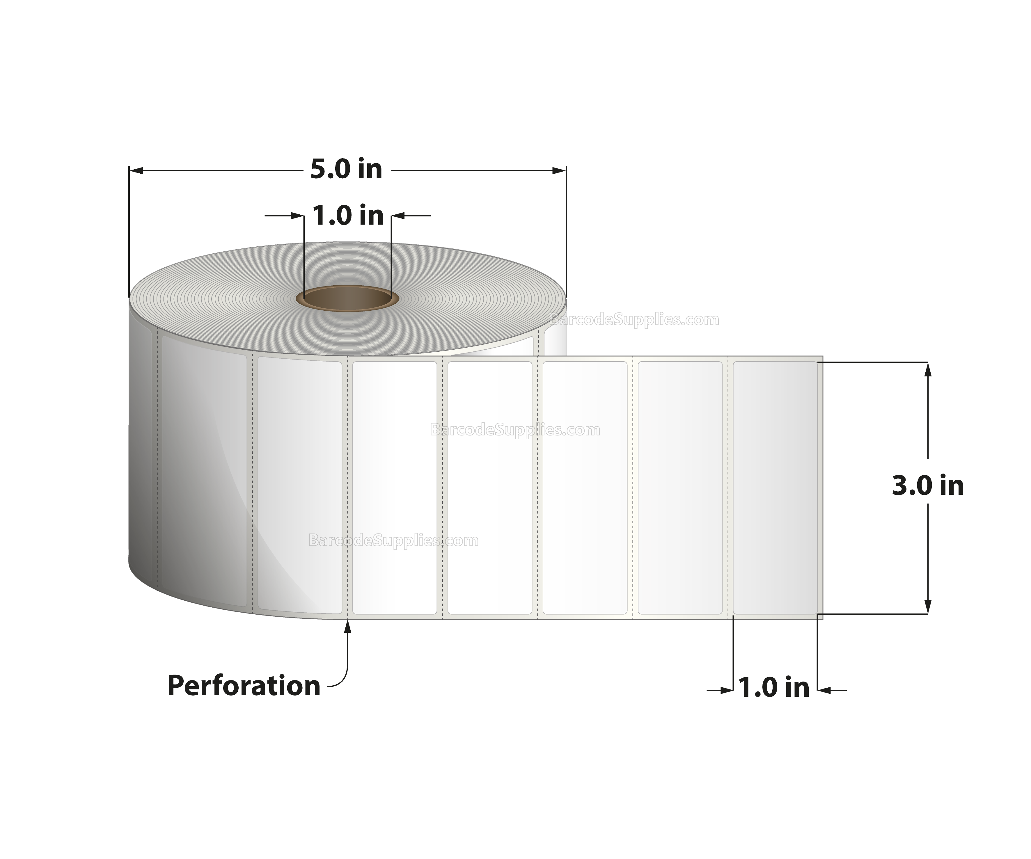 3 x 1 Thermal Transfer White Labels With Permanent Adhesive - Perforated - 2500 Labels Per Roll - Carton Of 12 Rolls - 30000 Labels Total - MPN: RT-3-1-2500-1 - BarcodeSource, Inc.