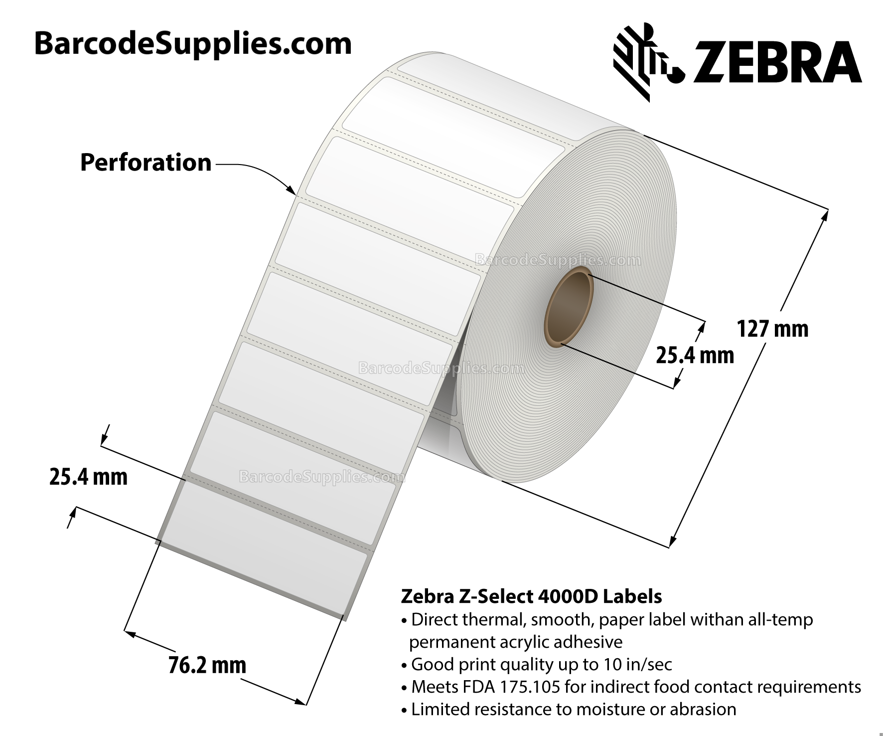 3 x 1 Direct Thermal White Z-Select 4000D Labels With All-Temp Adhesive - Perforated - 2340 Labels Per Roll - Carton Of 6 Rolls - 14040 Labels Total - MPN: 10010043