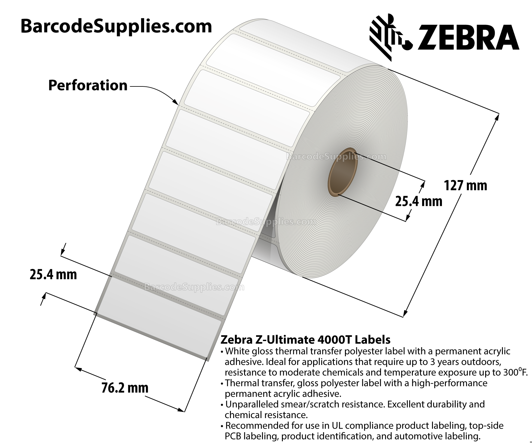 3 x 1 Thermal Transfer White Z-Ultimate 4000T Labels With Permanent Adhesive - Perforated - 2530 Labels Per Roll - Carton Of 6 Rolls - 15180 Labels Total - MPN: 10002630