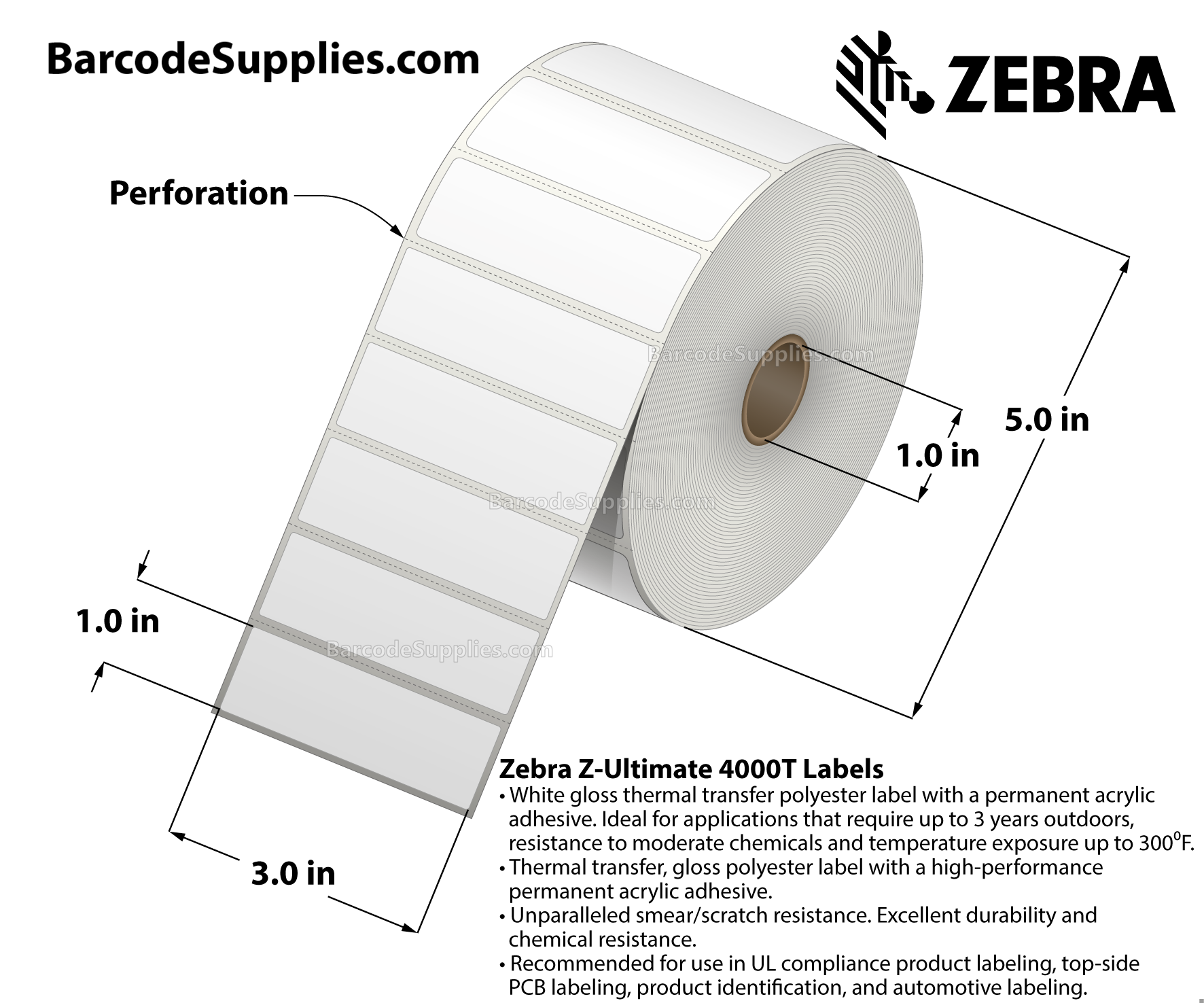 3 x 1 Thermal Transfer White Z-Ultimate 4000T Labels With Permanent Adhesive - Perforated - 2530 Labels Per Roll - Carton Of 6 Rolls - 15180 Labels Total - MPN: 10002630