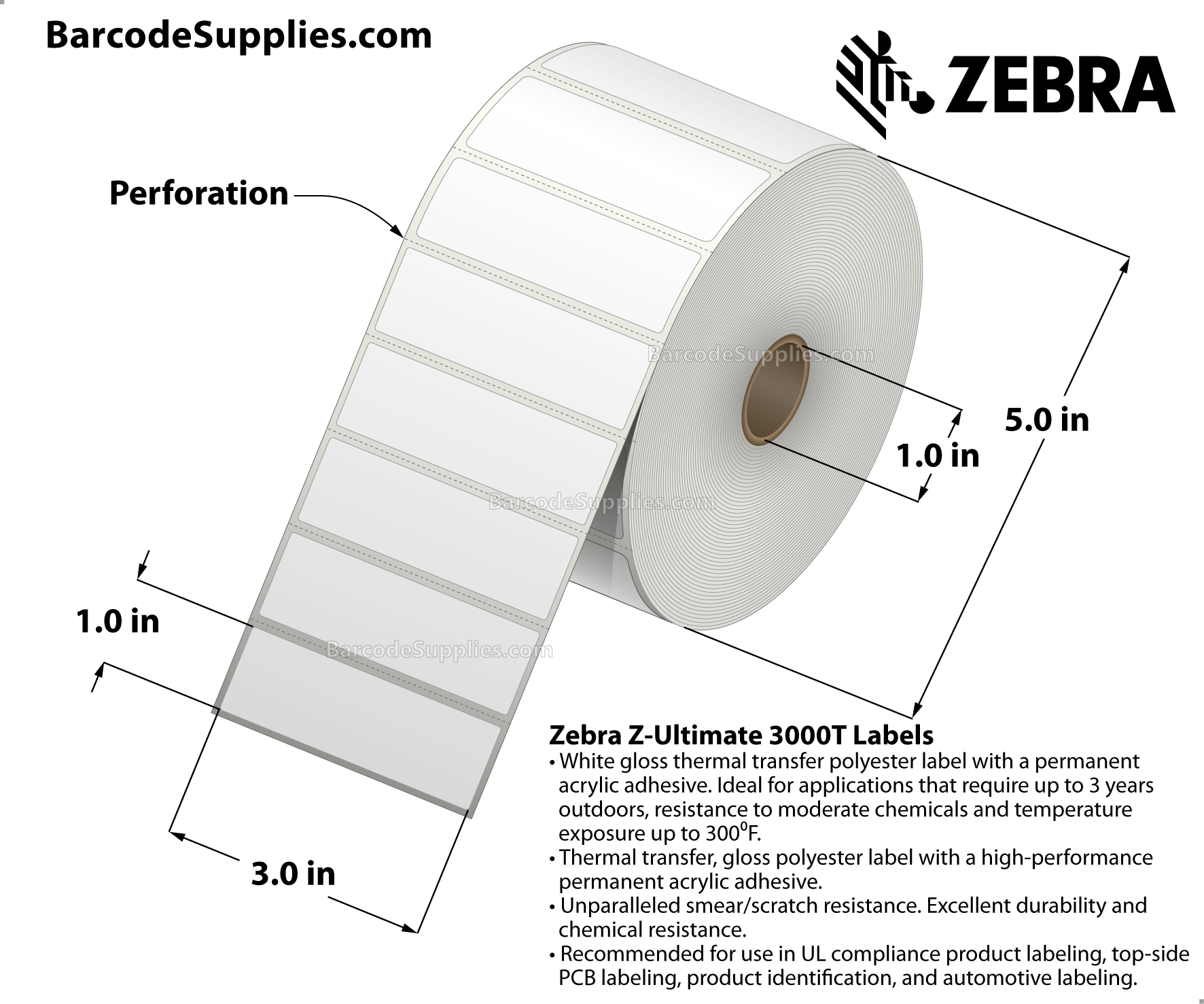 3 x 1 Thermal Transfer White Z-Ultimate 3000T Labels With Permanent Adhesive - Perforated - 2530 Labels Per Roll - Carton Of 8 Rolls - 20240 Labels Total - MPN: 18939