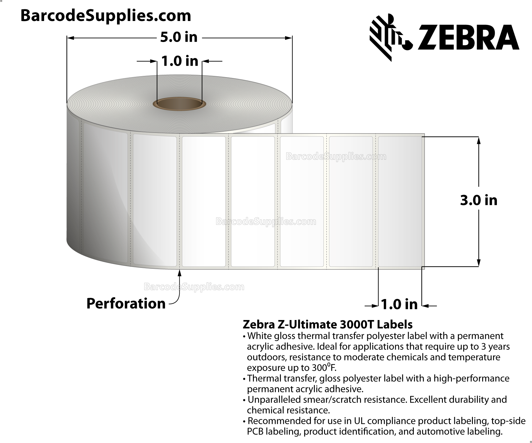 3 x 1 Thermal Transfer White Z-Ultimate 3000T Labels With Permanent Adhesive - Perforated - 2530 Labels Per Roll - Carton Of 8 Rolls - 20240 Labels Total - MPN: 18939