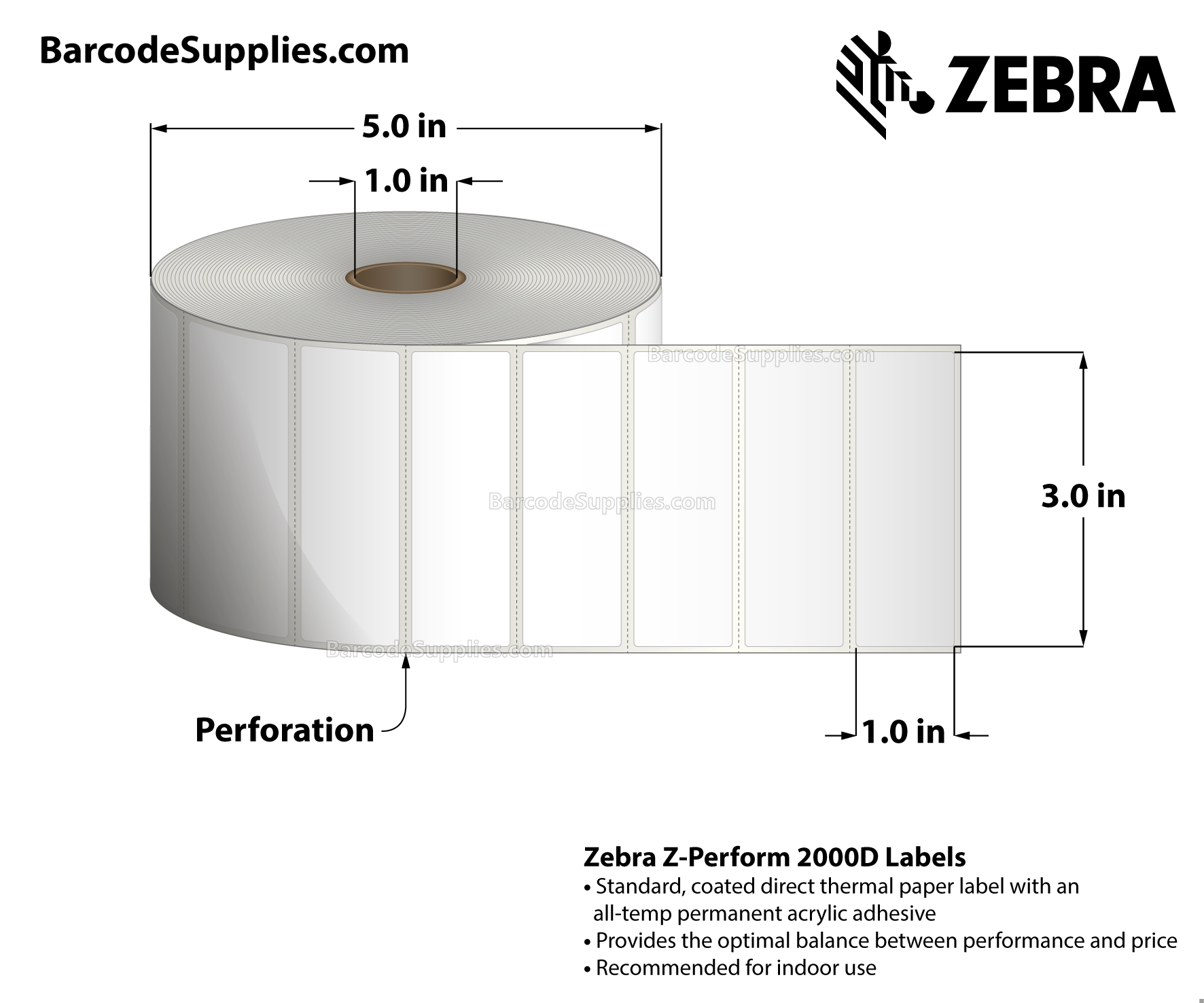 3 x 1 Direct Thermal White Z-Perform 2000D Labels With All-Temp Adhesive - Perforated - 2340 Labels Per Roll - Carton Of 6 Rolls - 14040 Labels Total - MPN: 10015782