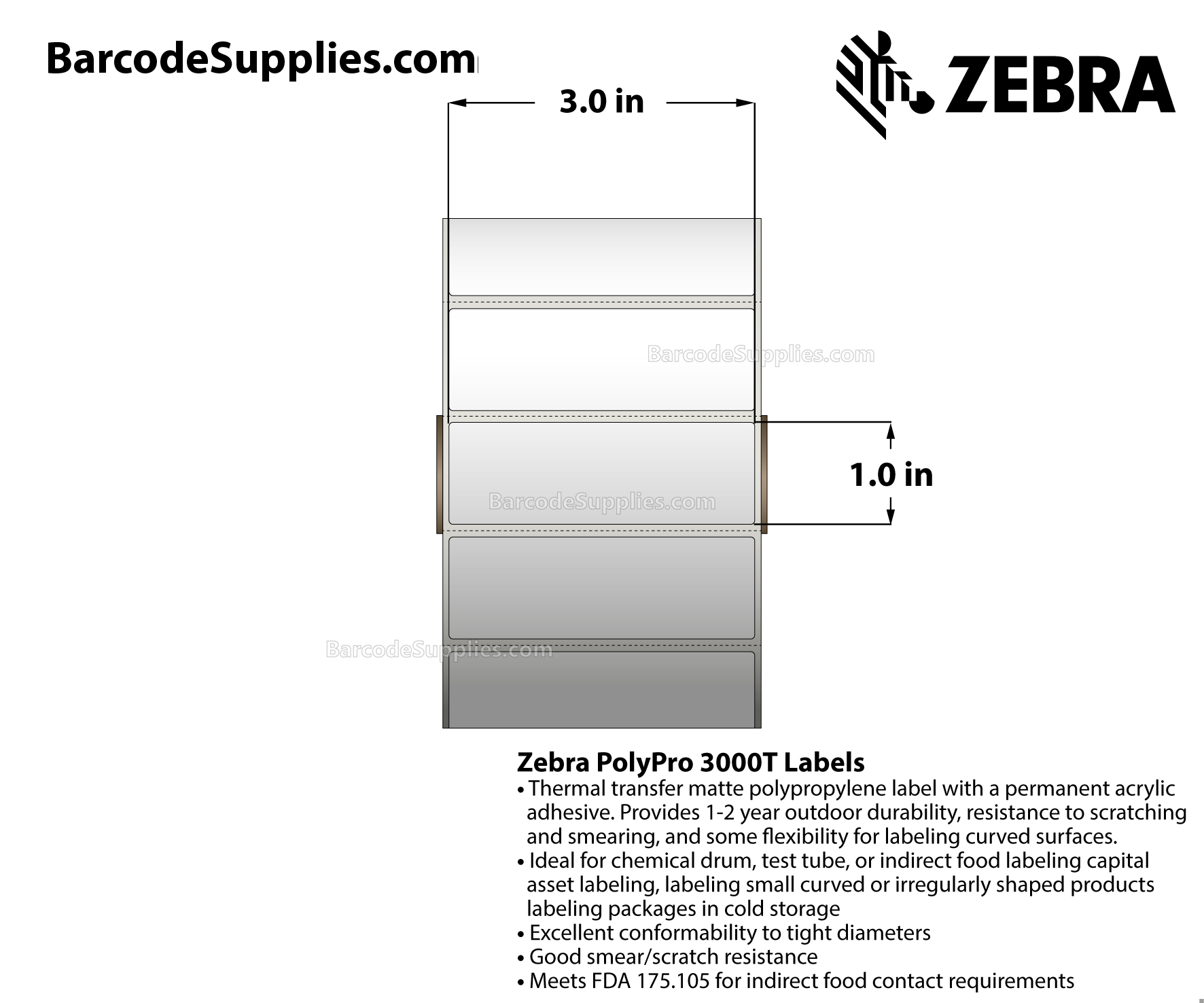 3 x 1 Thermal Transfer White PolyPro 3000T Labels With Permanent Adhesive - Perforated - 2100 Labels Per Roll - Carton Of 8 Rolls - 16800 Labels Total - MPN: 18924