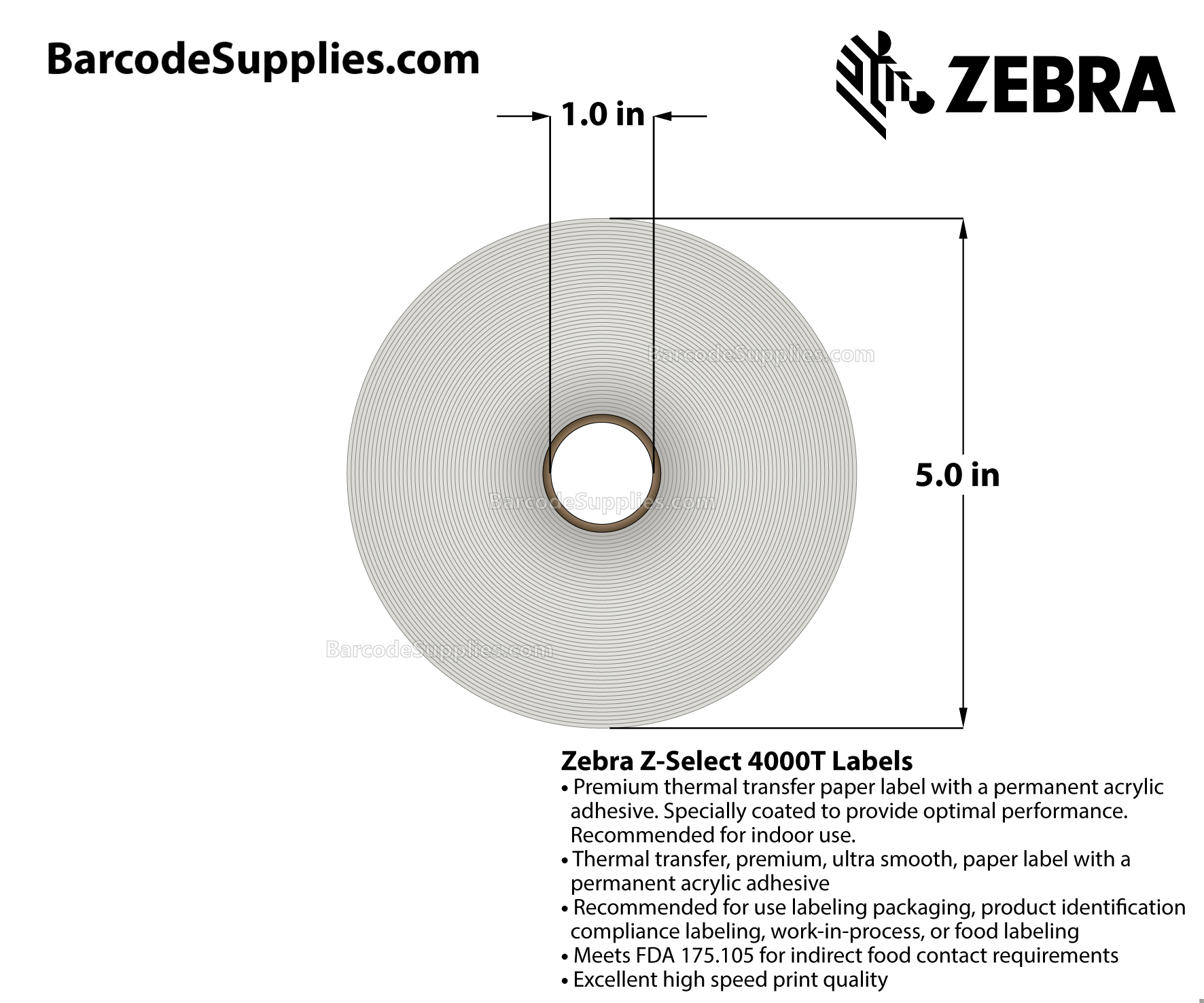 3 x 1 Thermal Transfer White Z-Select 4000T Labels With Permanent Adhesive - Perforated - 2580 Labels Per Roll - Carton Of 6 Rolls - 15480 Labels Total - MPN: 10009528