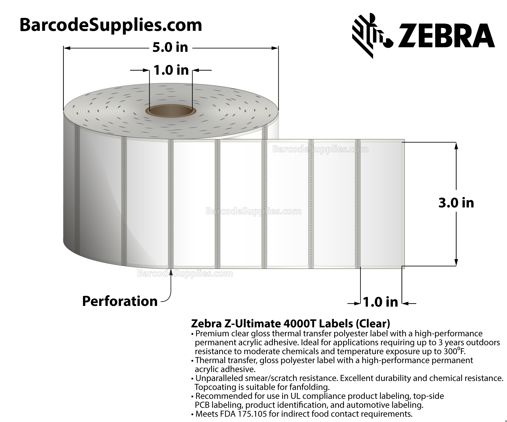 3 x 1 Thermal Transfer Clear Z-Ultimate 4000T Clear Labels With Permanent Adhesive - Black mark sensing - Black Mark - 1500 Labels Per Roll - Carton Of 1 Rolls - 1500 Labels Total - MPN: 10023046