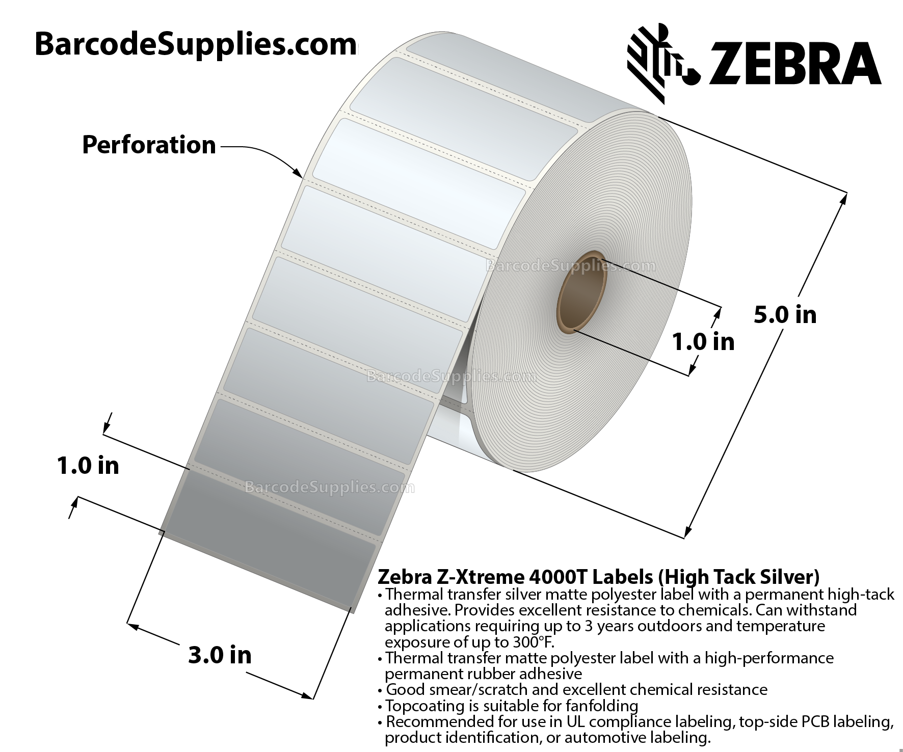 3 x 1 Thermal Transfer Silver Z-Xtreme 4000T High-Tack Silver Labels With High-tack Adhesive - Perforated - 1500 Labels Per Roll - Carton Of 1 Rolls - 1500 Labels Total - MPN: 10023178