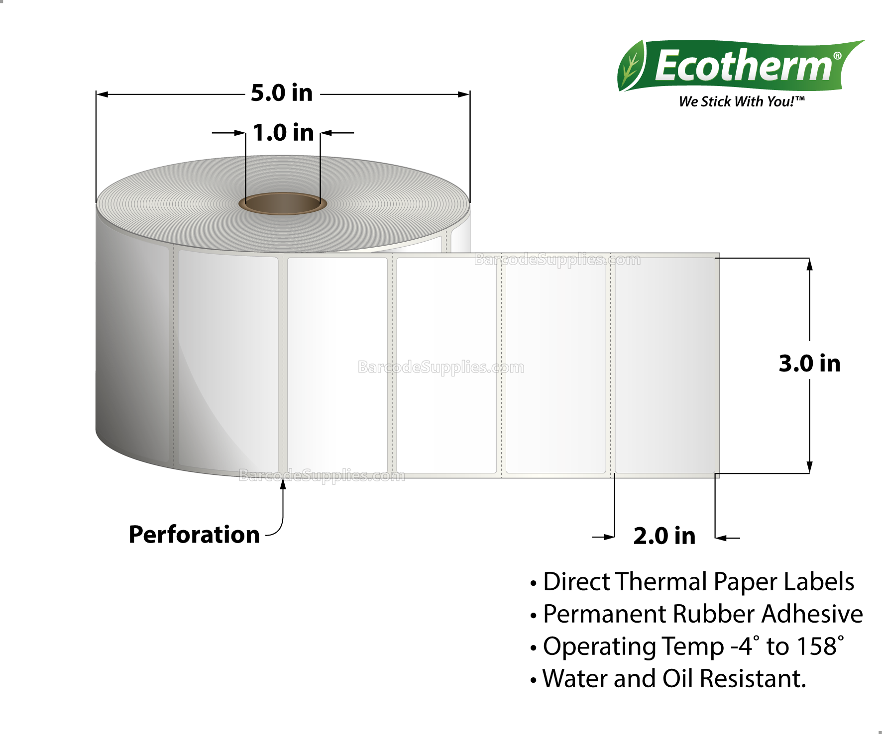 3 x 2 Direct Thermal White Labels With Rubber Adhesive - Perforated - 1240 Labels Per Roll - Carton Of 6 Rolls - 7440 Labels Total - MPN: ECOTHERM15139-6