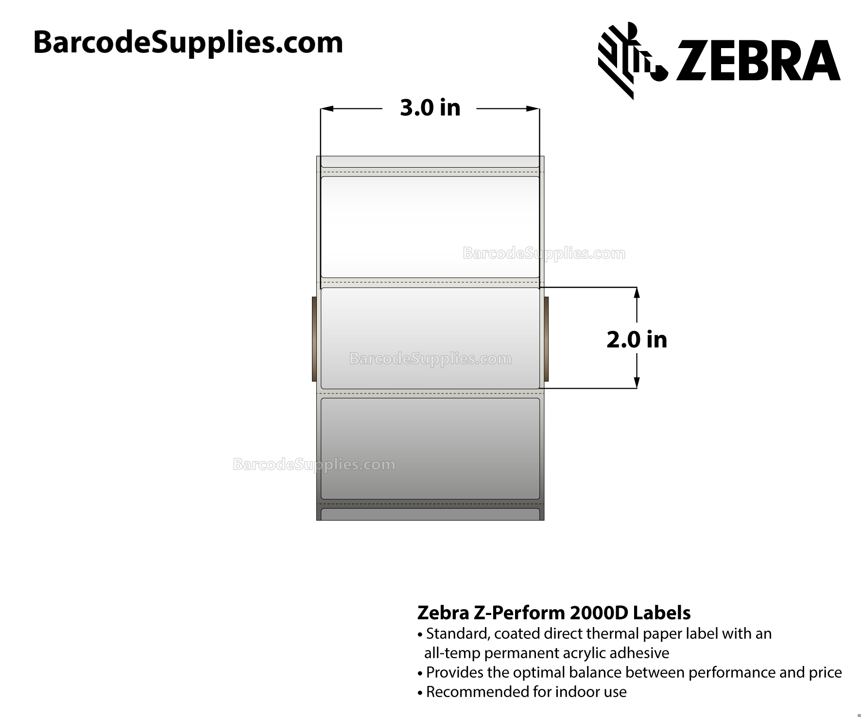 3 x 2 Direct Thermal White Z-Perform 2000D Labels With All-Temp Adhesive - Perforated - 1240 Labels Per Roll - Carton Of 6 Rolls - 7440 Labels Total - MPN: 10010029