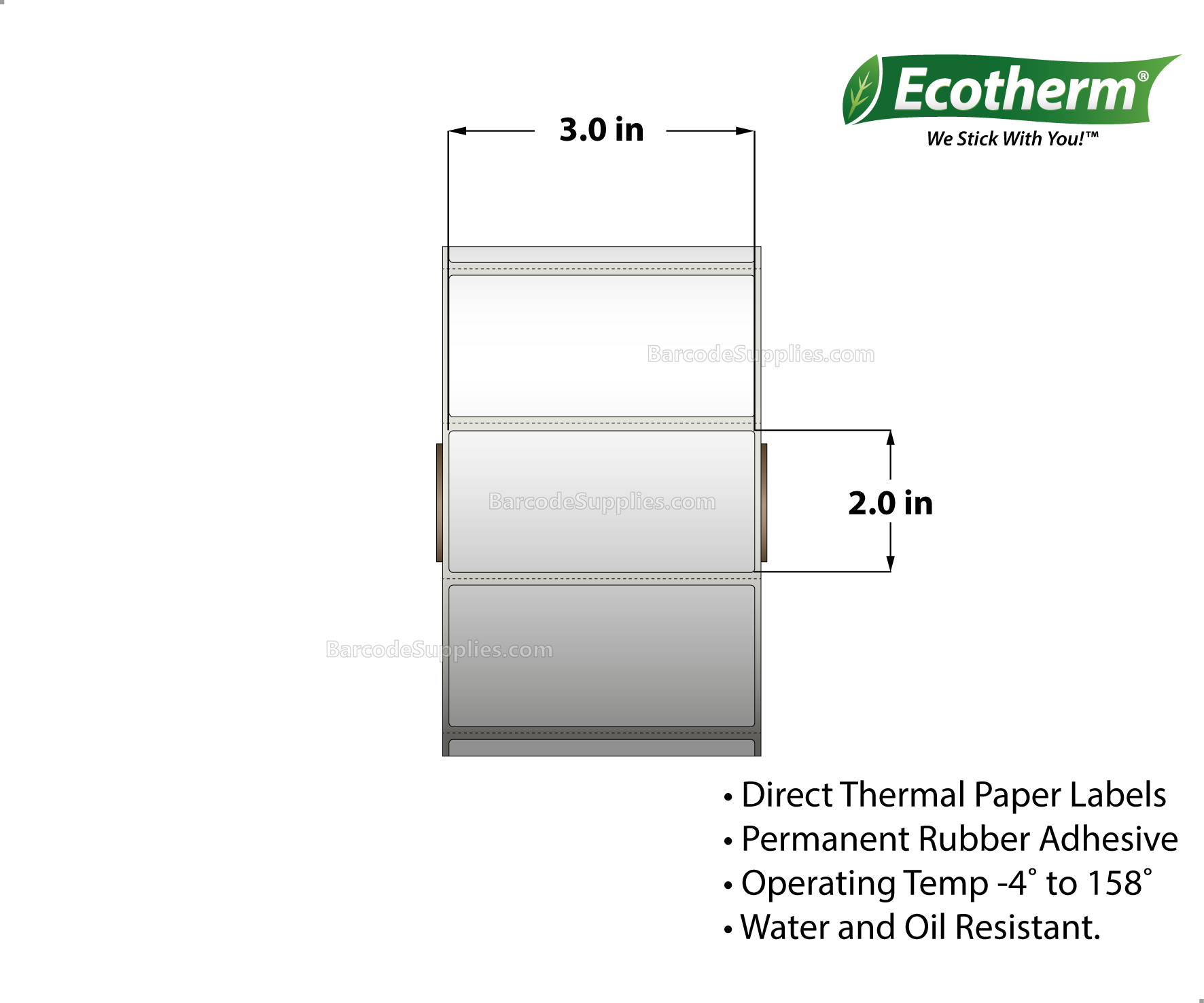 3 x 2 Direct Thermal White Labels With Rubber Adhesive - Perforated - 1240 Labels Per Roll - Carton Of 6 Rolls - 7440 Labels Total - MPN: ECOTHERM15139-6