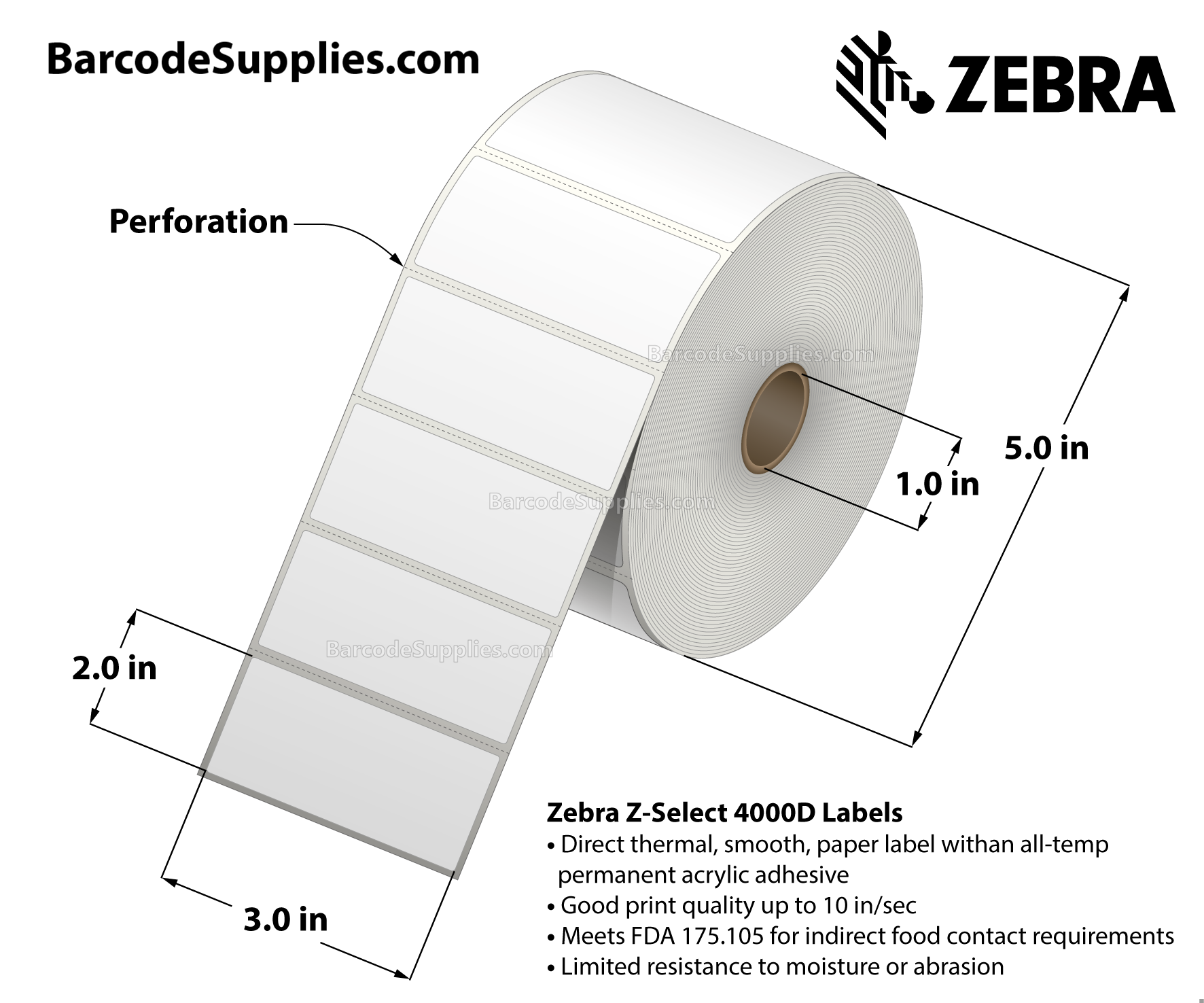3 x 2 Direct Thermal White Z-Select 4000D Labels With All-Temp Adhesive - Perforated - 1240 Labels Per Roll - Carton Of 6 Rolls - 7440 Labels Total - MPN: 10010044