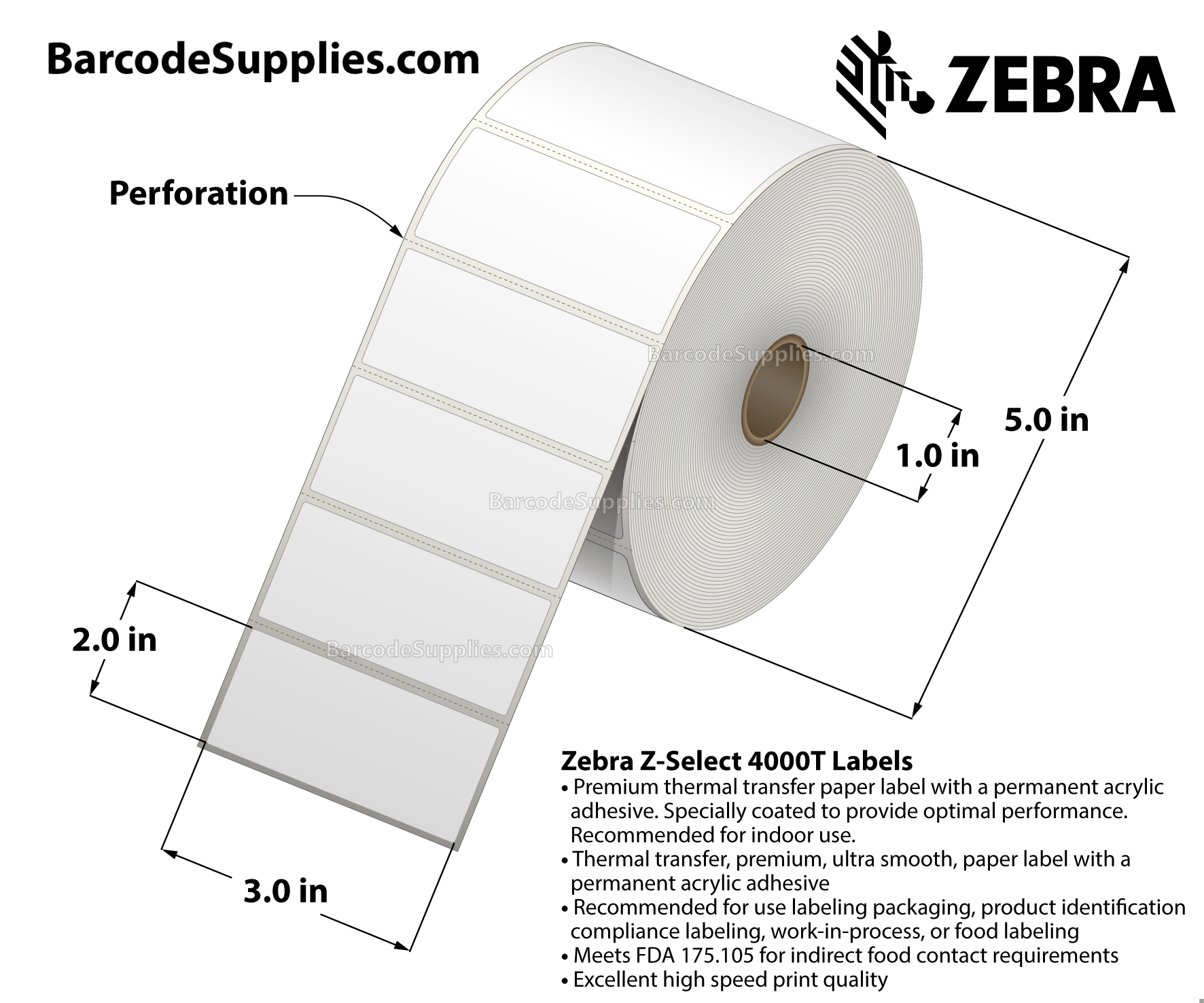 Zebra 3.00 x 2.00 Thermal Transfer Labels - Z-Select 4000T - 1 Core Rolls  - 8220 Labels