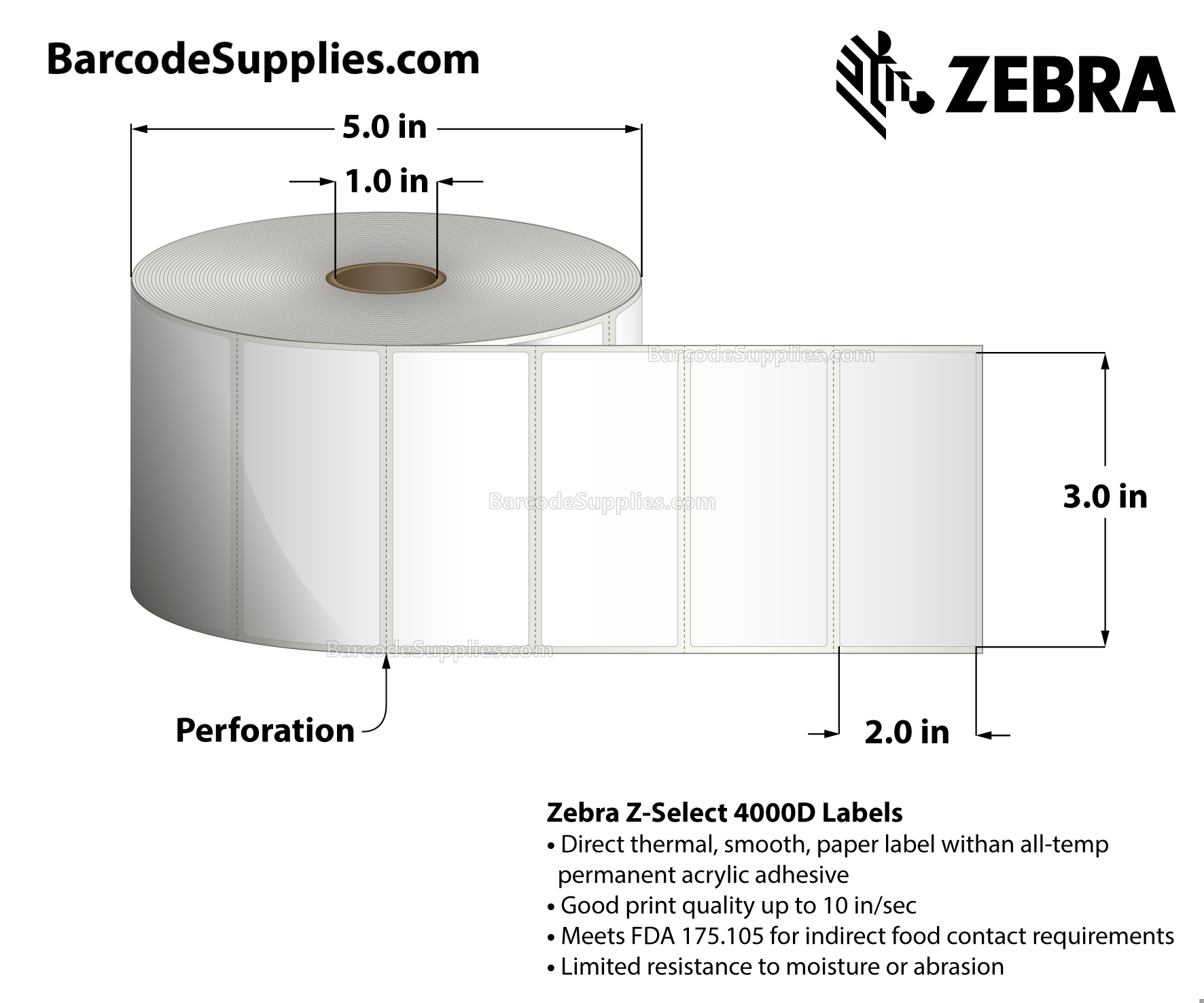 3 x 2 Direct Thermal White Z-Select 4000D Labels With All-Temp Adhesive - Perforated - 1240 Labels Per Roll - Carton Of 6 Rolls - 7440 Labels Total - MPN: 10010044