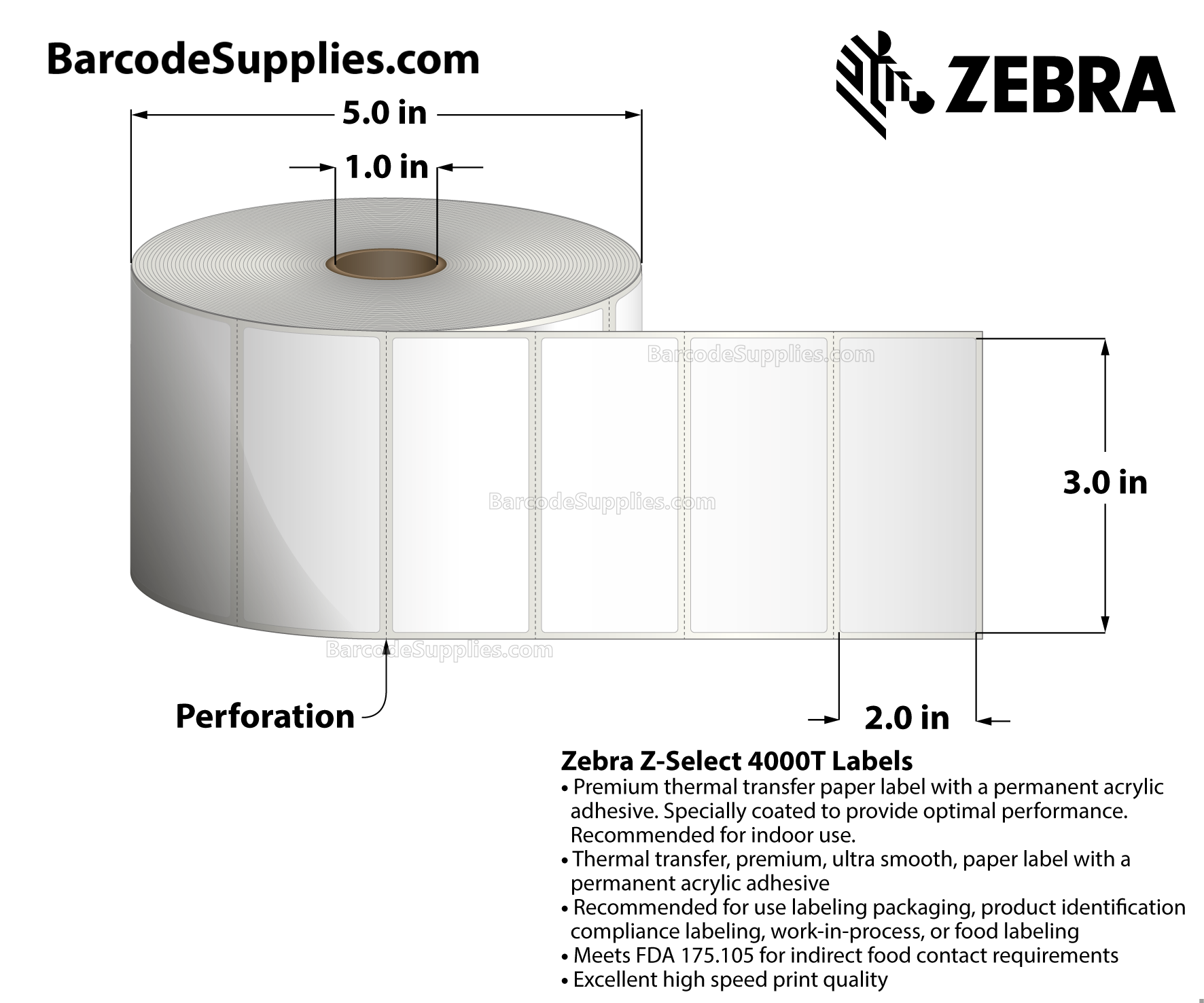 3 x 2 Thermal Transfer White Z-Select 4000T Labels With Permanent Adhesive - Perforated - 1370 Labels Per Roll - Carton Of 6 Rolls - 8220 Labels Total - MPN: 10009529