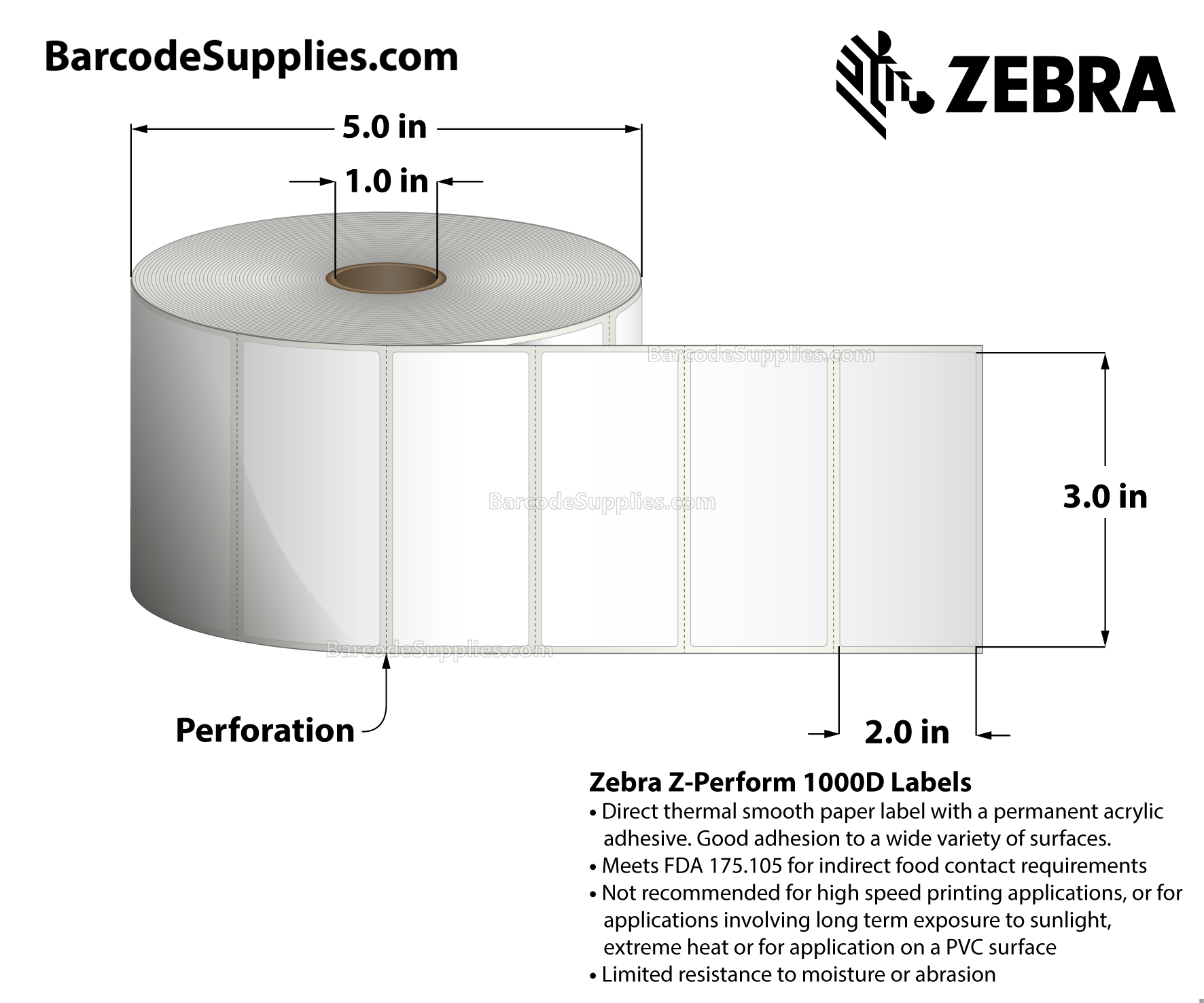 3 x 2 Direct Thermal White Z-Perform 1000D Labels With Permanent Adhesive - Perforated - 1240 Labels Per Roll - Carton Of 6 Rolls - 7440 Labels Total - MPN: 10026378