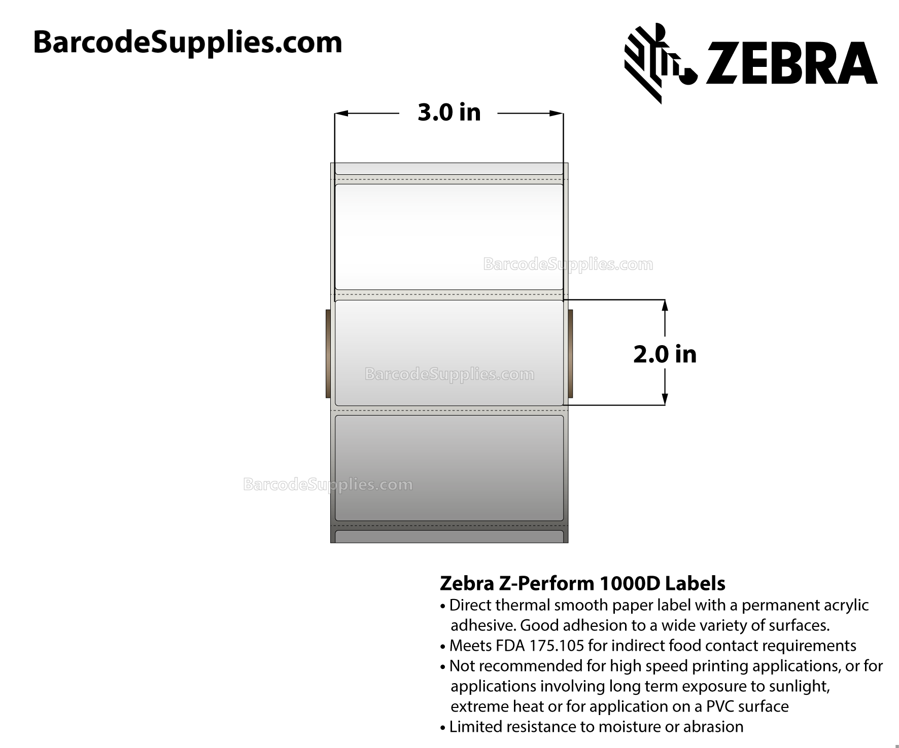 3 x 2 Direct Thermal White Z-Perform 1000D Labels With Permanent Adhesive - Perforated - 1240 Labels Per Roll - Carton Of 6 Rolls - 7440 Labels Total - MPN: 10026378