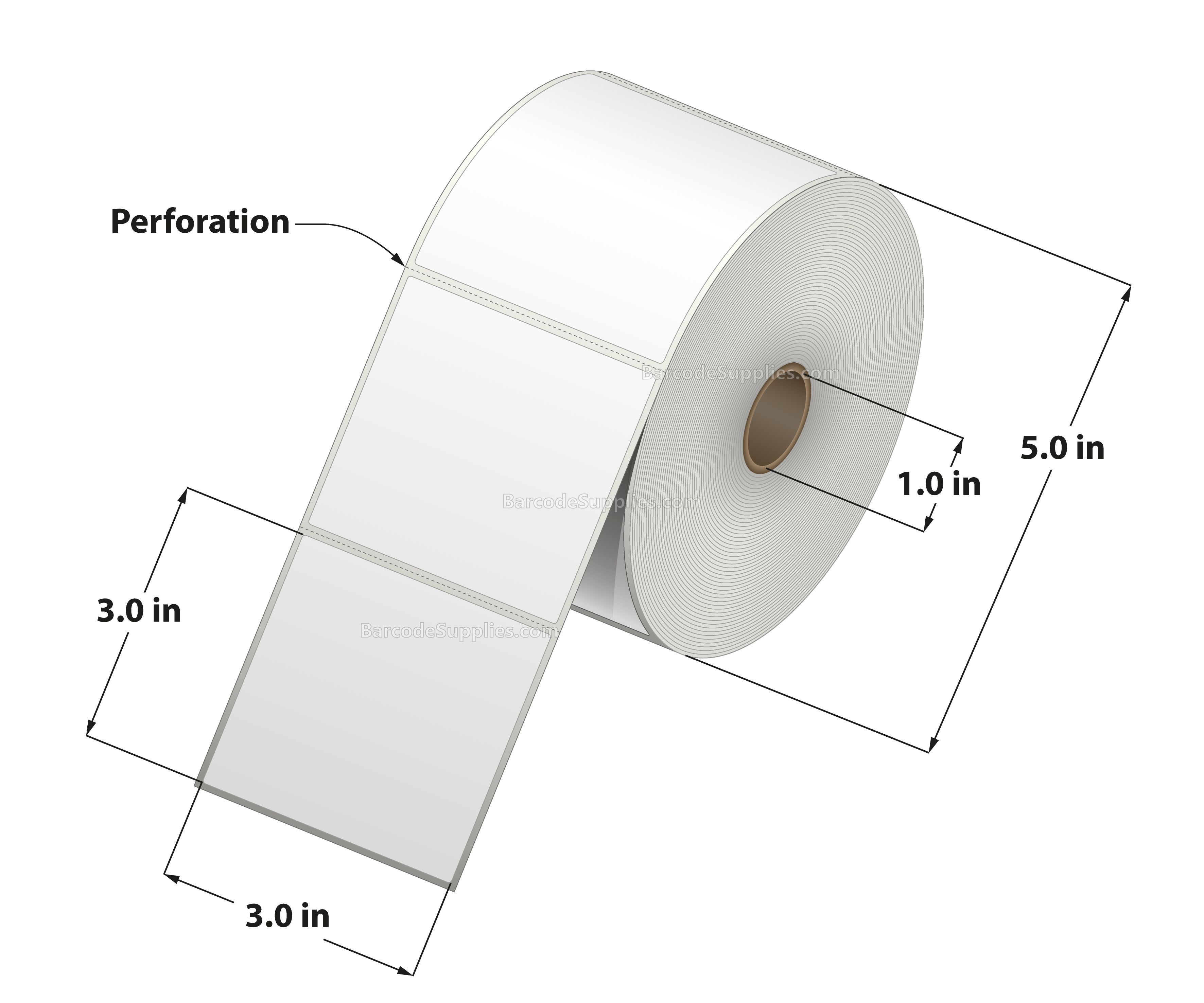 3 x 3 Thermal Transfer White Labels With Permanent Adhesive - Perforated - 890 Labels Per Roll - Carton Of 12 Rolls - 10680 Labels Total - MPN: RT-3-3-890-1 - BarcodeSource, Inc.