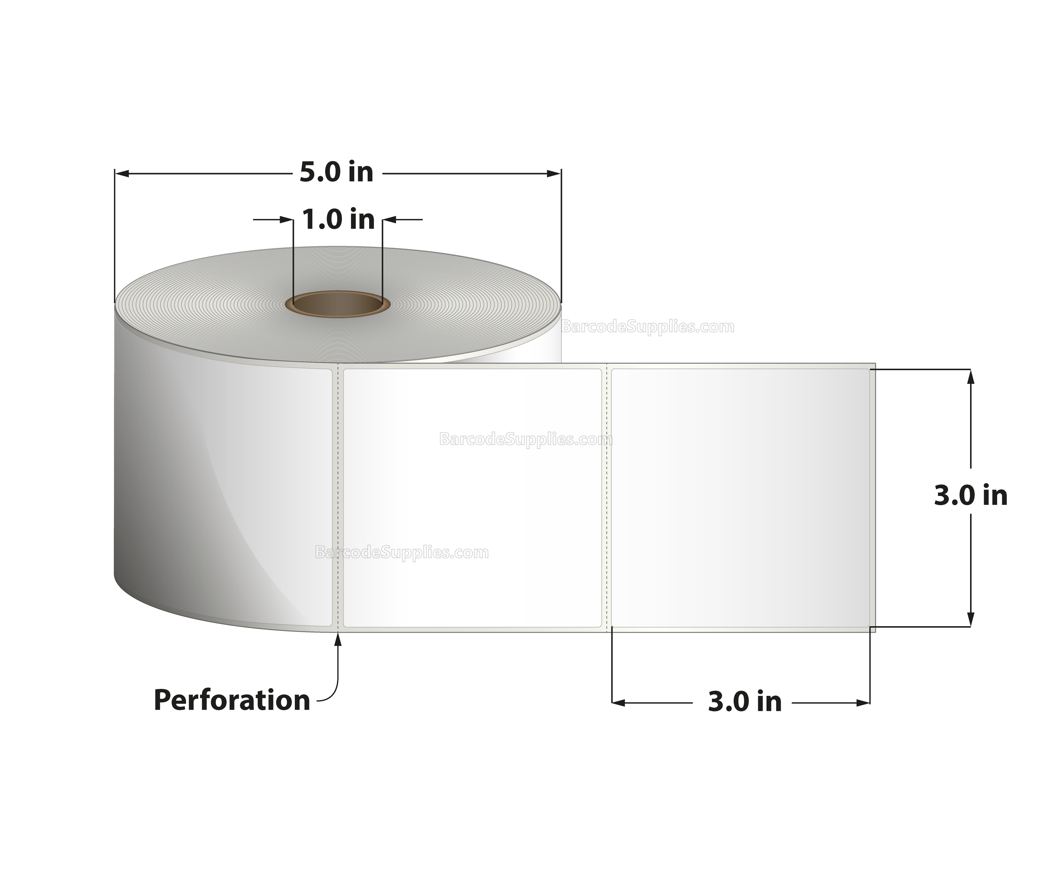 3 x 3 Thermal Transfer White Labels With Permanent Adhesive - Perforated - 890 Labels Per Roll - Carton Of 12 Rolls - 10680 Labels Total - MPN: RT-3-3-890-1 - BarcodeSource, Inc.