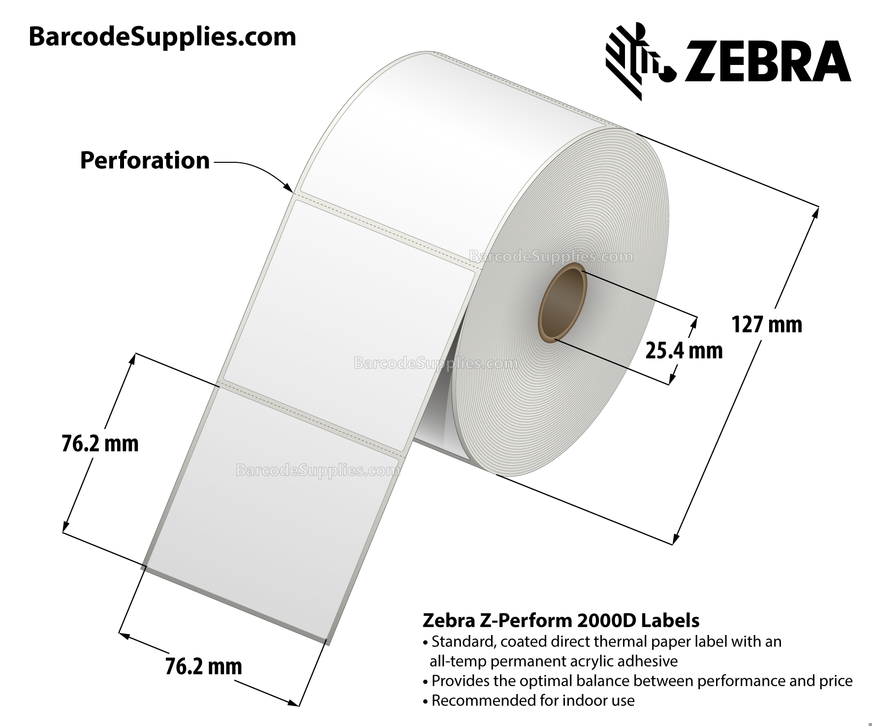 3 x 3 Direct Thermal White Z-Perform 2000D Labels With All-Temp Adhesive - Perforated - 840 Labels Per Roll - Carton Of 6 Rolls - 5040 Labels Total - MPN: 10010030