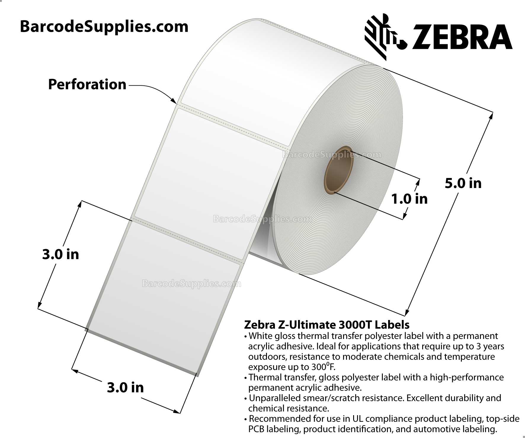 3 x 3 Thermal Transfer White Z-Ultimate 3000T Labels With Permanent Adhesive - Perforated - 910 Labels Per Roll - Carton Of 8 Rolls - 7280 Labels Total - MPN: 18942