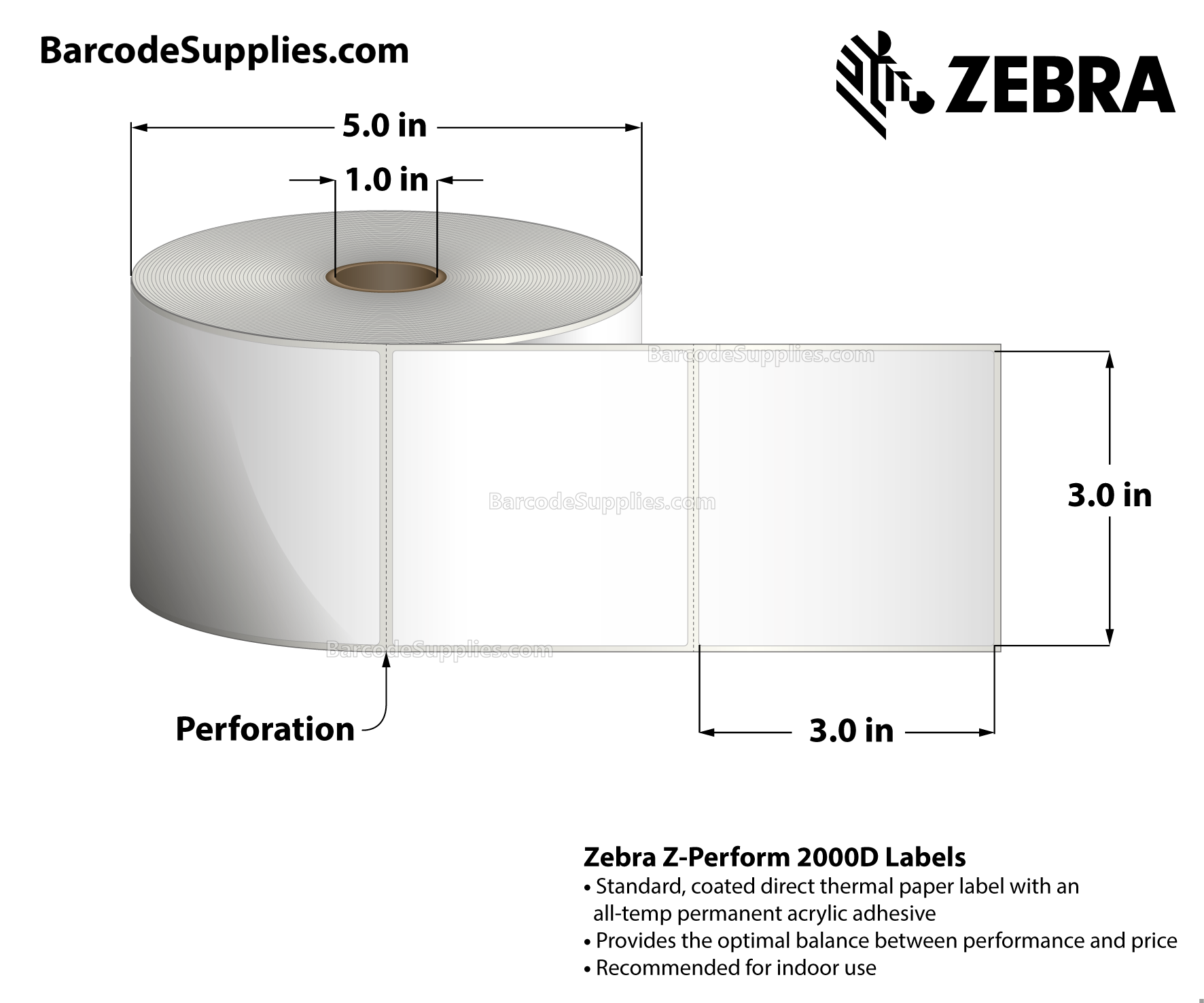3 x 3 Direct Thermal White Z-Perform 2000D Labels With All-Temp Adhesive - Perforated - 840 Labels Per Roll - Carton Of 6 Rolls - 5040 Labels Total - MPN: 10010030