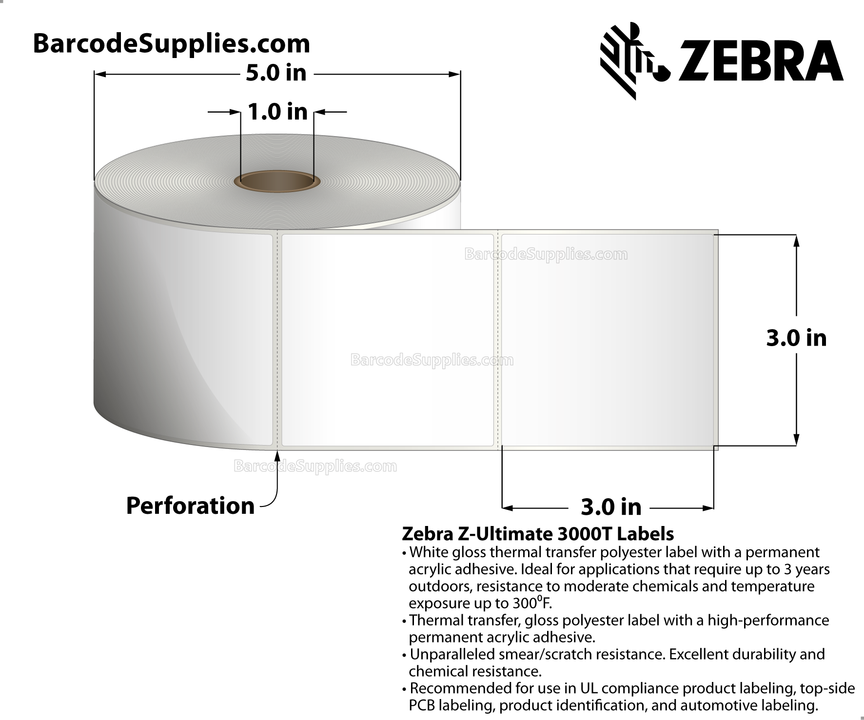 3 x 3 Thermal Transfer White Z-Ultimate 3000T Labels With Permanent Adhesive - Perforated - 910 Labels Per Roll - Carton Of 8 Rolls - 7280 Labels Total - MPN: 18942