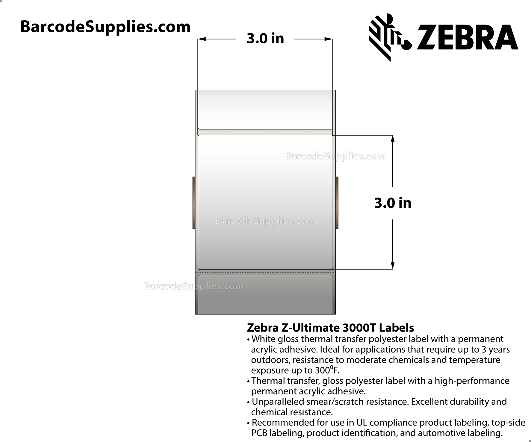 3 x 3 Thermal Transfer White Z-Ultimate 3000T Labels With Permanent Adhesive - Perforated - 910 Labels Per Roll - Carton Of 8 Rolls - 7280 Labels Total - MPN: 18942