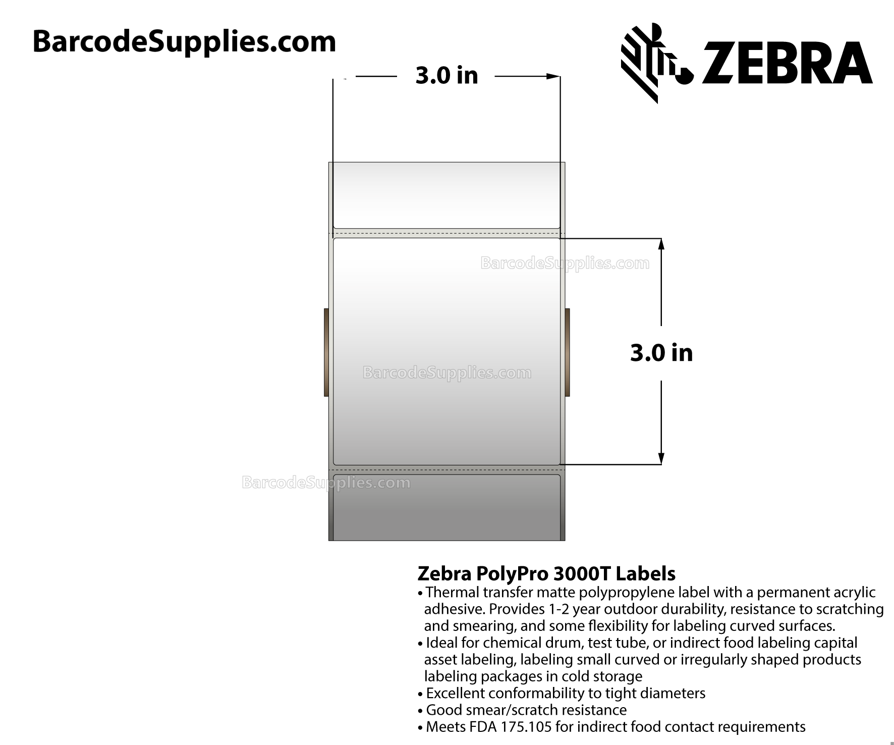 3 x 3 Thermal Transfer White PolyPro 3000T Labels With Permanent Adhesive - Perforated - 760 Labels Per Roll - Carton Of 8 Rolls - 6080 Labels Total - MPN: 18927